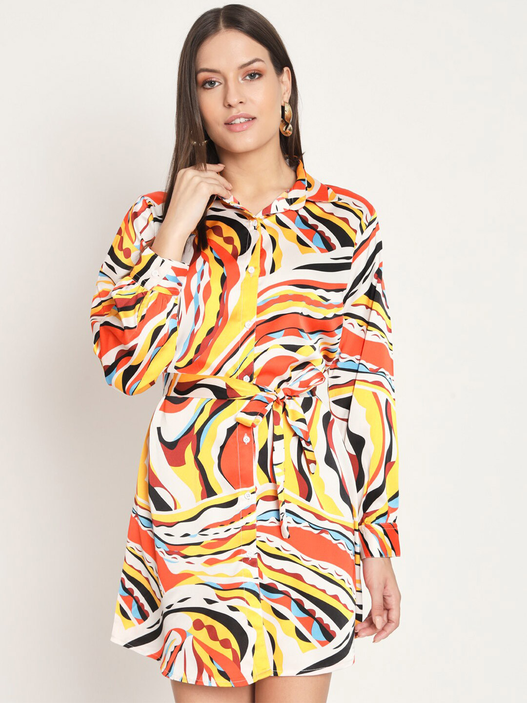 

RAER Abstract Print Satin Silk Shirt Dress, Mustard