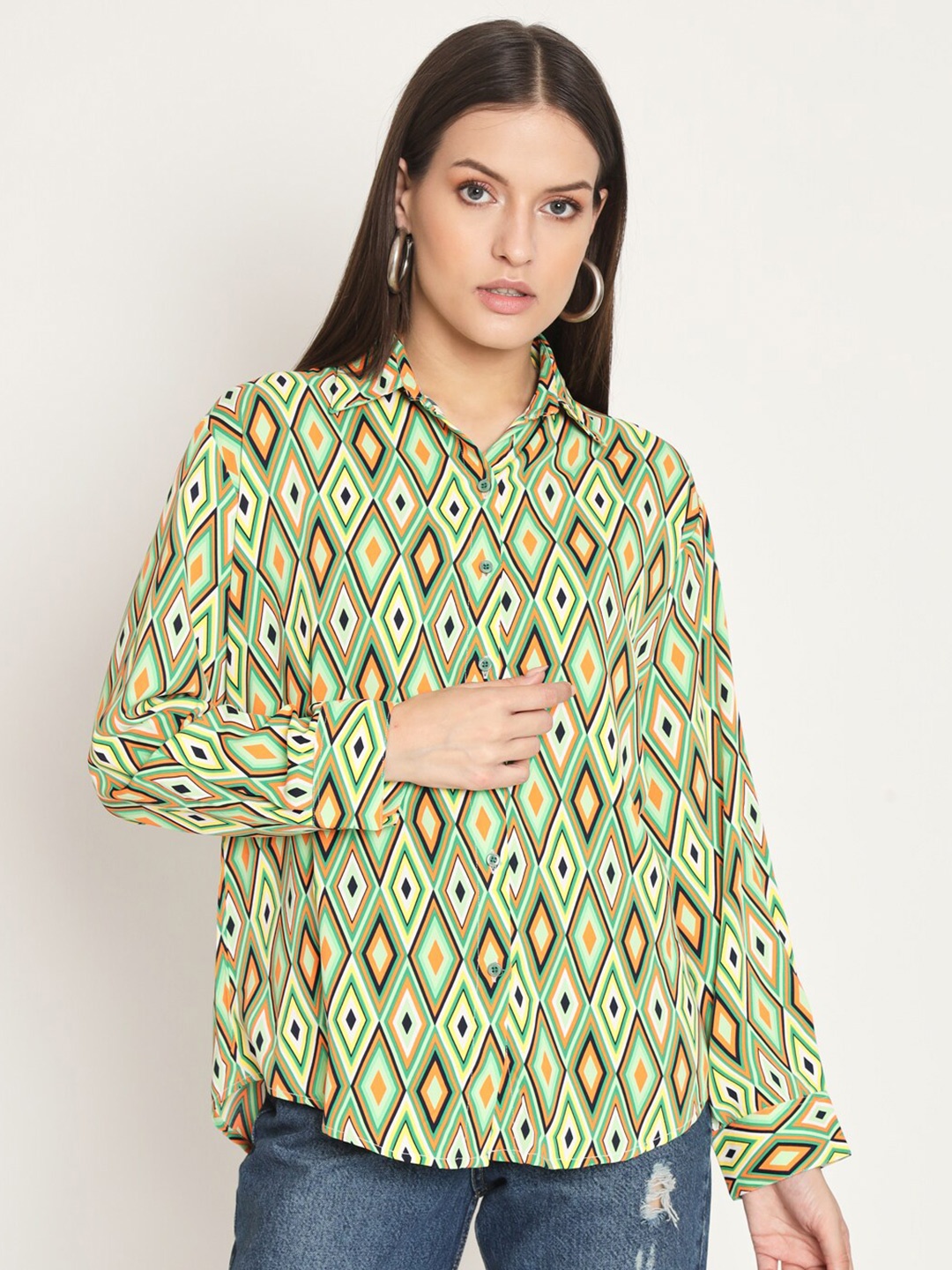 

RAER Standard Geometric Printed Spread Collar Long Sleeves Casual Shirt, Green