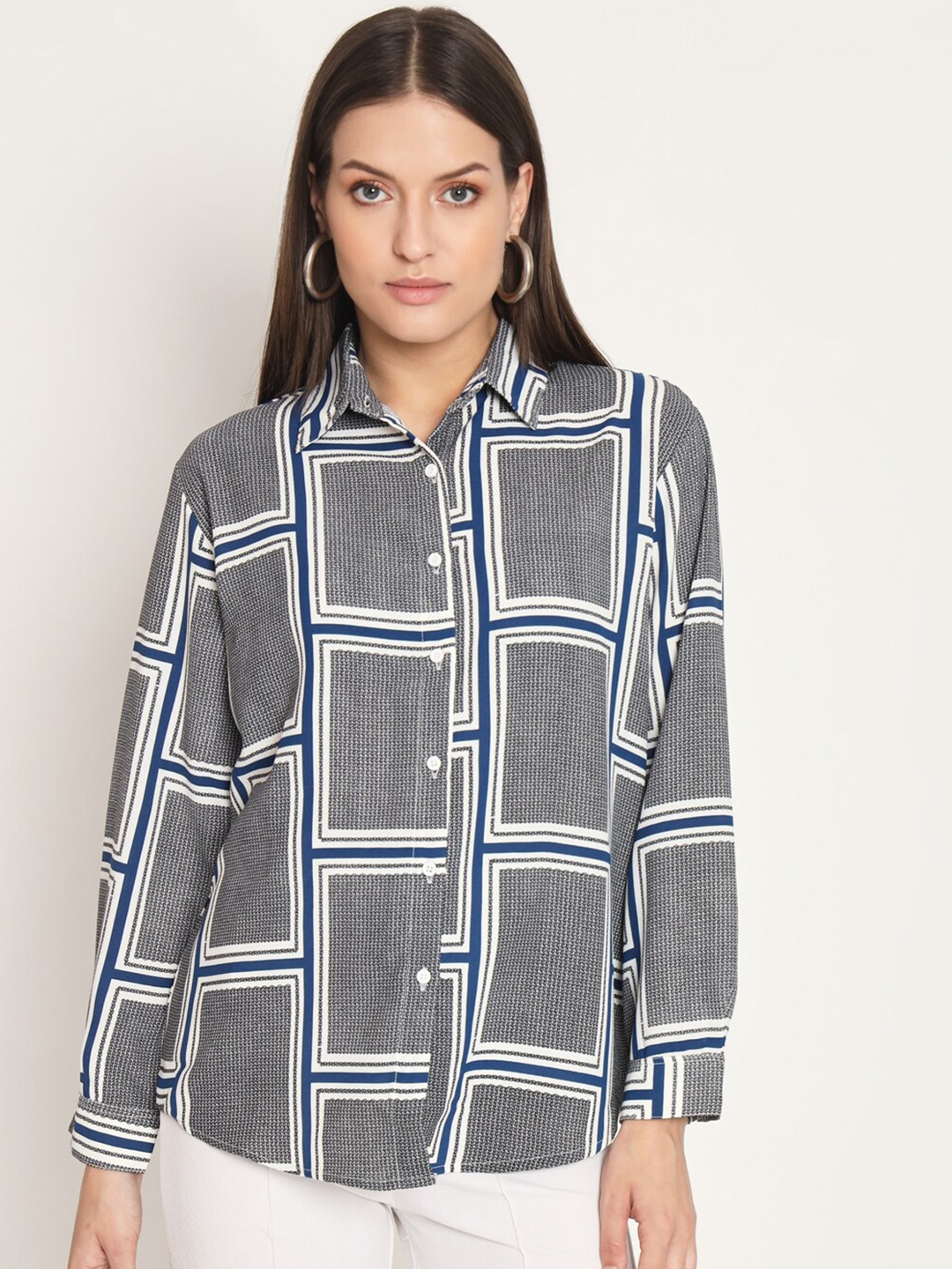 

RAER Standard Printed Spread Collar Long Sleeves Casual Shirt, Blue
