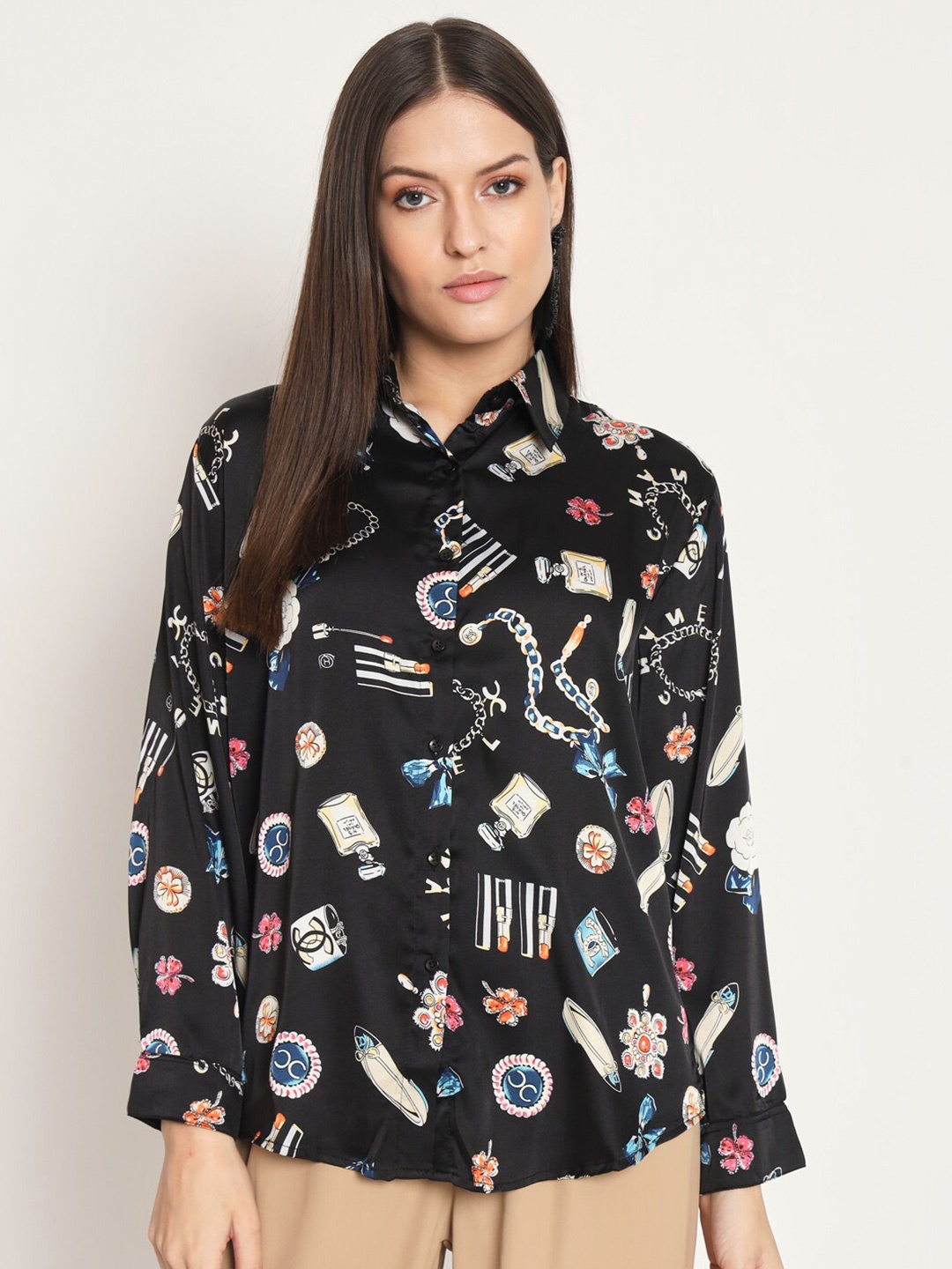 

RAER Standard Floral Printed Spread Collar Long Sleeves Casual Shirt, Black