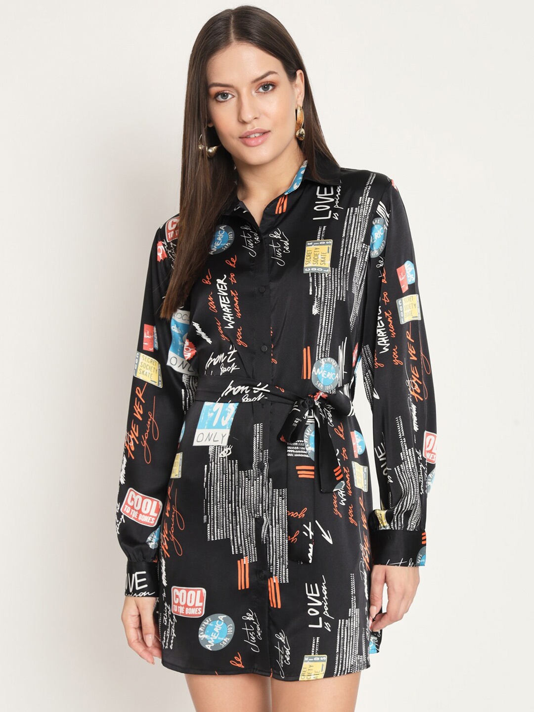 

RAER Typography Print Satin Silk Shirt Dress, Black