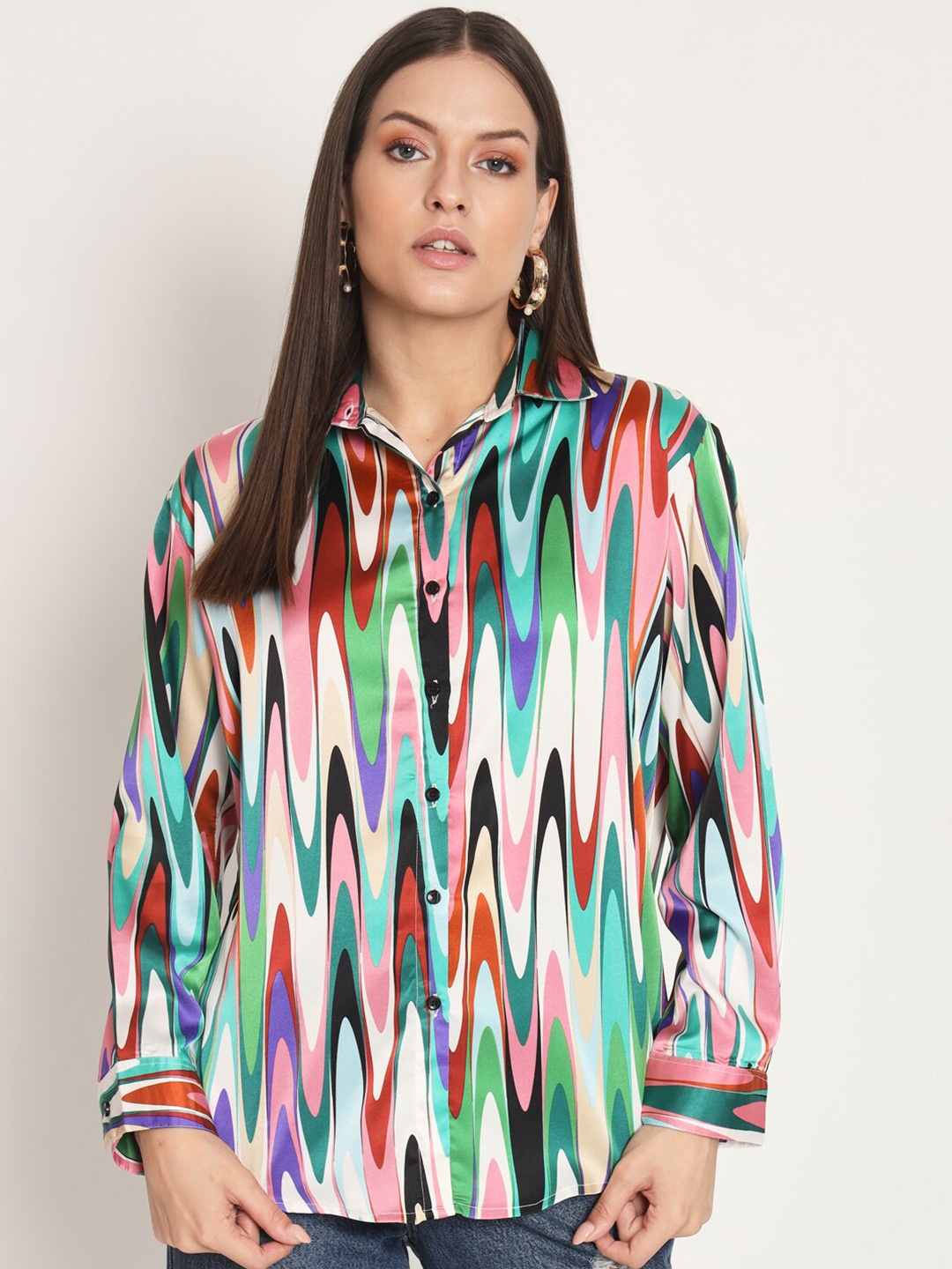 

RAER Standard Abstract Printed Spread Collar Long Sleeves Casual Shirt, Green