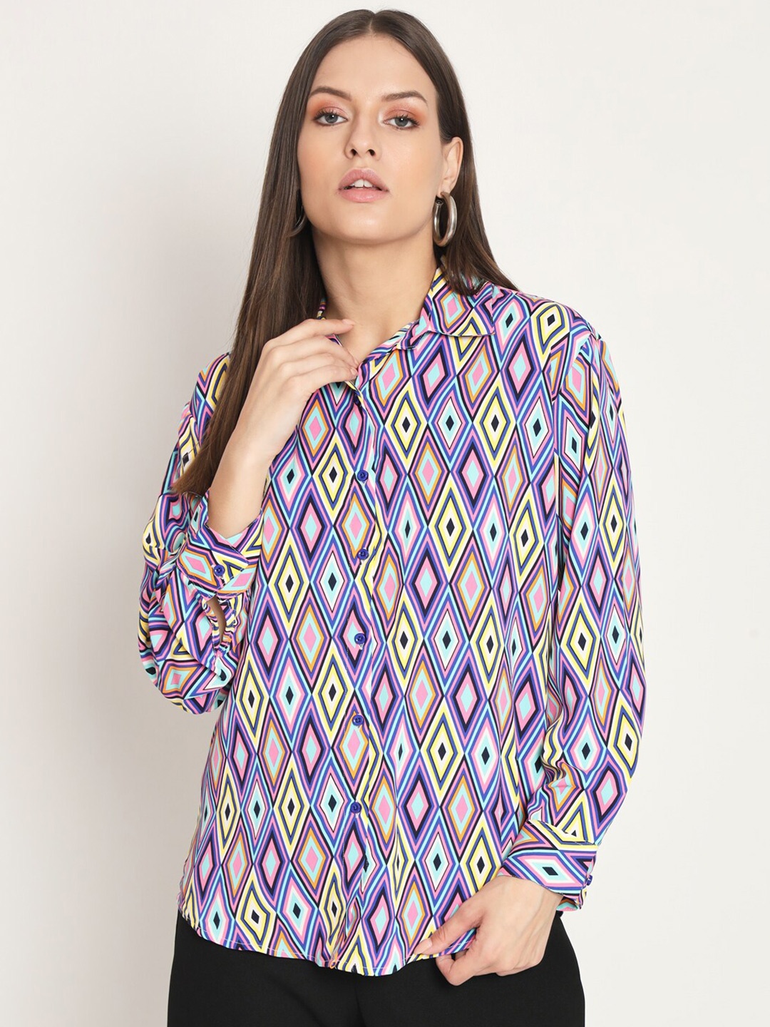 

RAER Standard Ethnic Motifs Printed Spread Collar Long Sleeves Casual Shirt, Purple