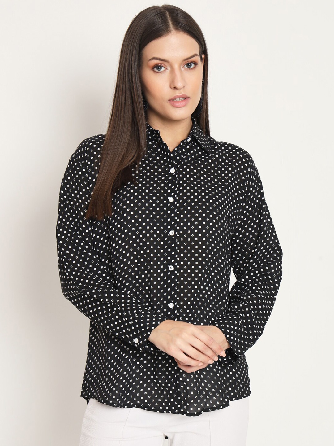 

RAER Standard Polka Dot Printed Spread Collar Long Sleeves Casual Shirt, Black