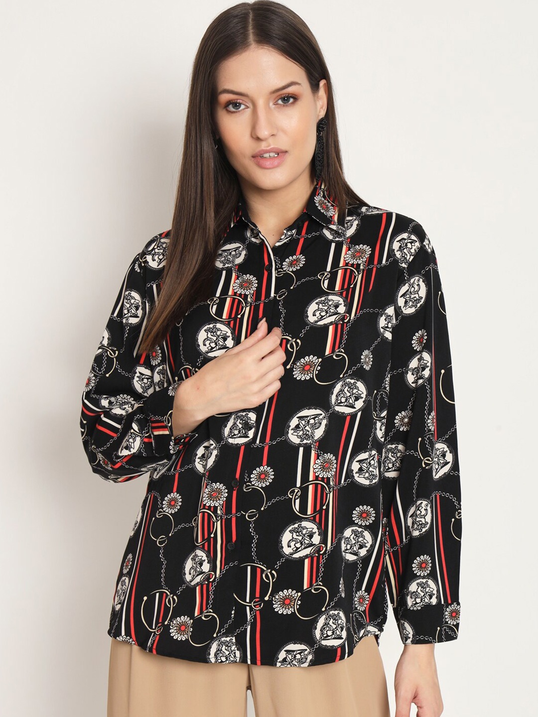 

RAER Standard Floral Printed Spread Collar Long Sleeves Casual Shirt, Black