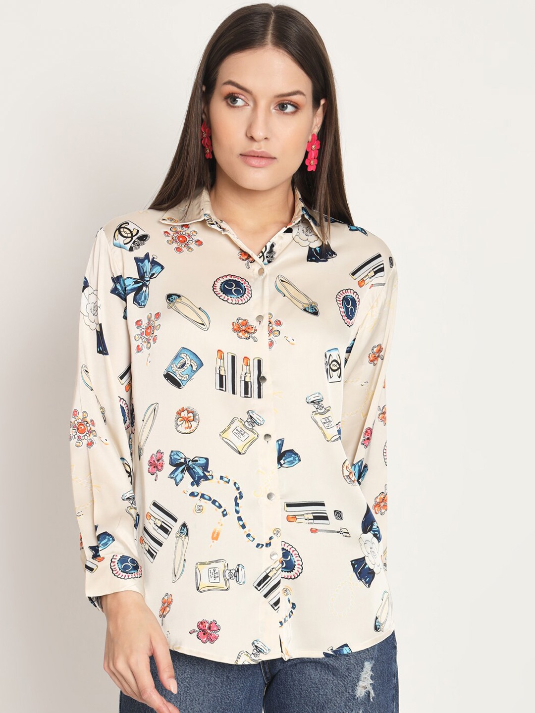

RAER Standard Printed Spread Collar Long Sleeves Casual Shirt, Cream
