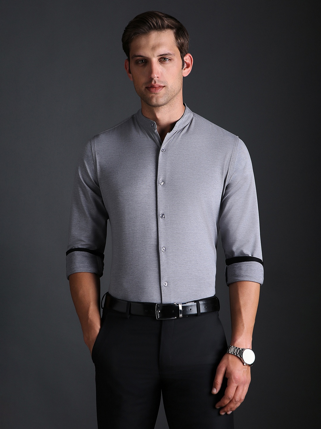 

Bergamo Slim Fit Textured Band Collar Knitted Formal Cotton Shirt, Grey