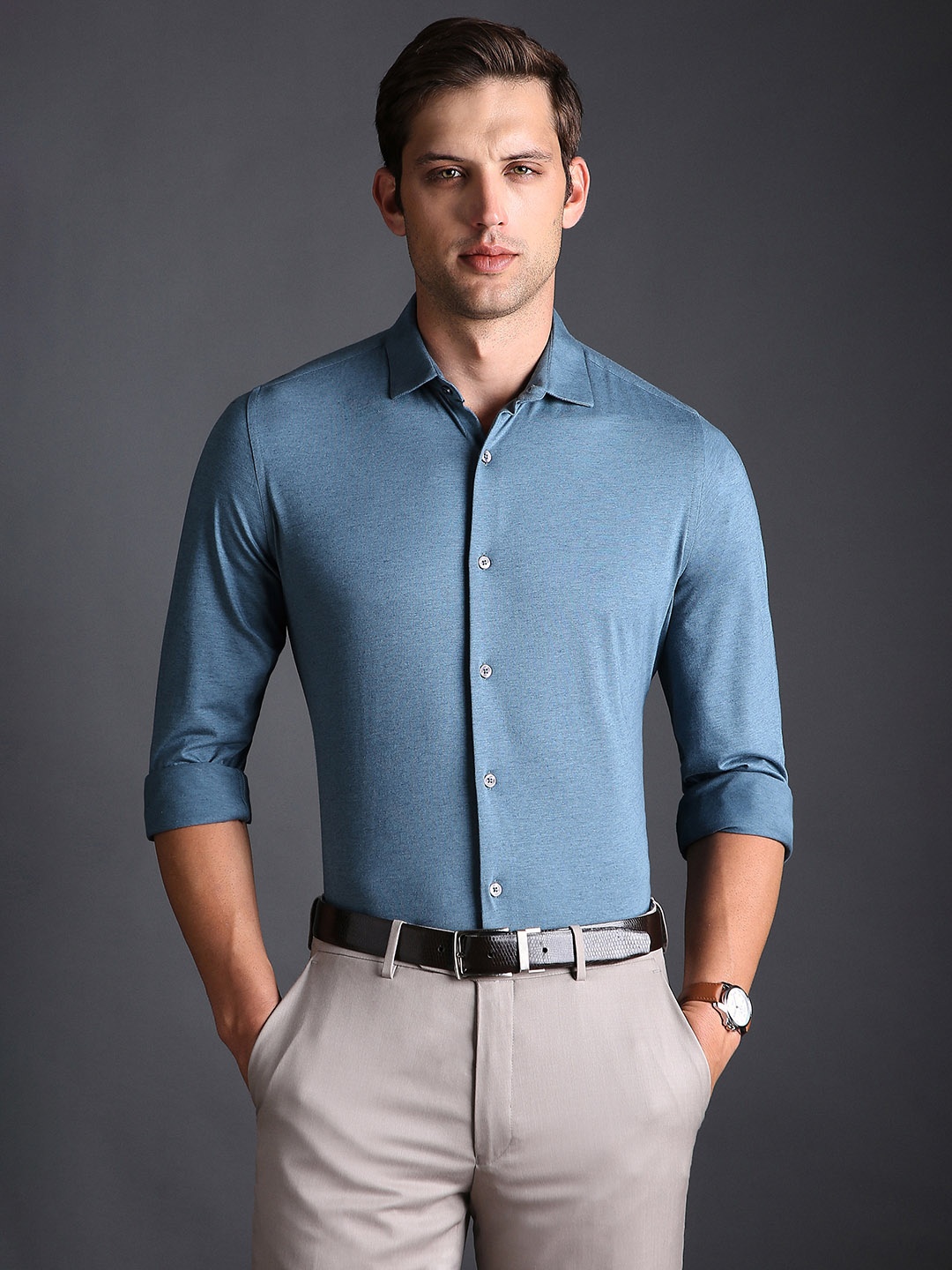

Bergamo Self Design Knitted Formal Shirt, Blue