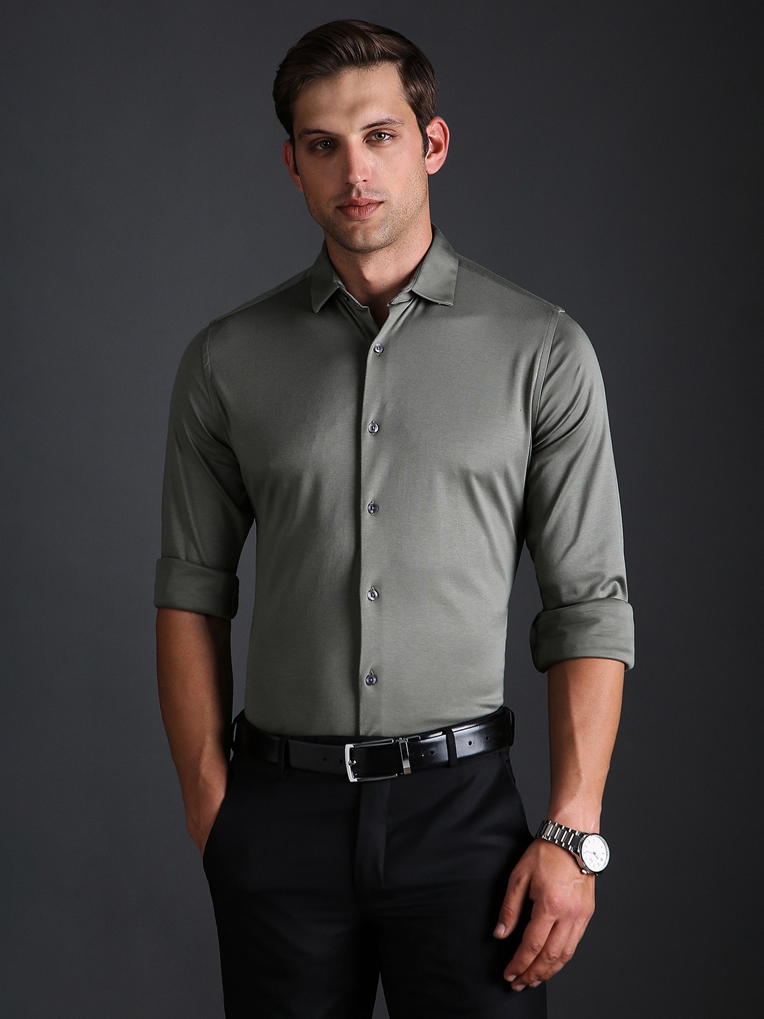 

Bergamo Plain Knitted Formal Shirt, Green