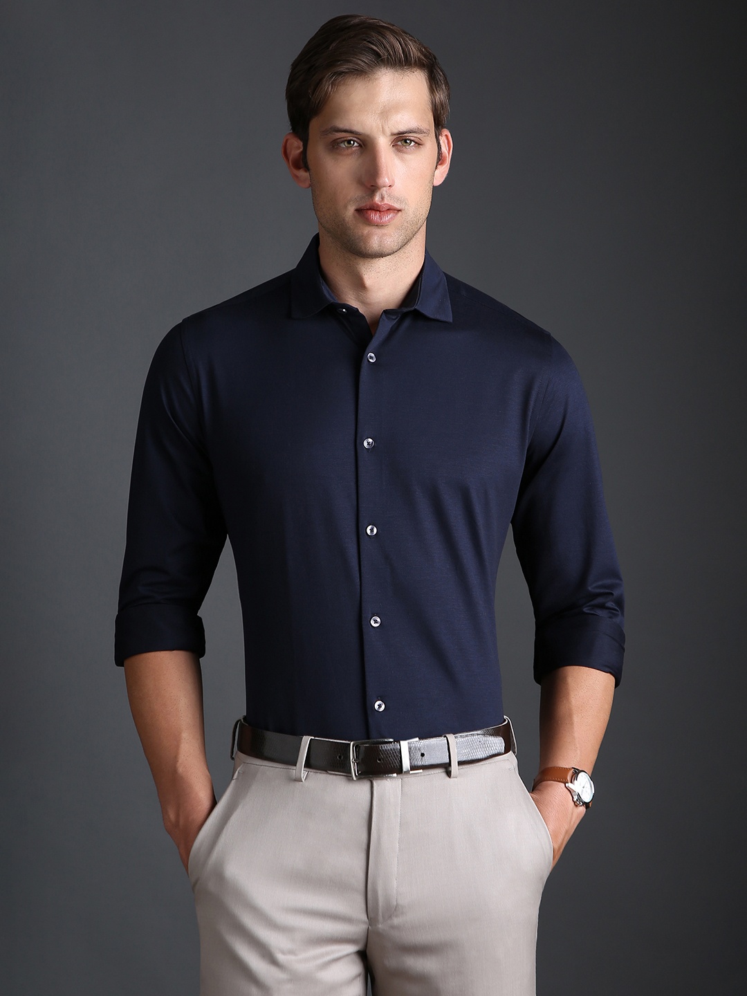 

Bergamo Slim Fit Textured Knitted Formal Cotton Shirt, Navy blue