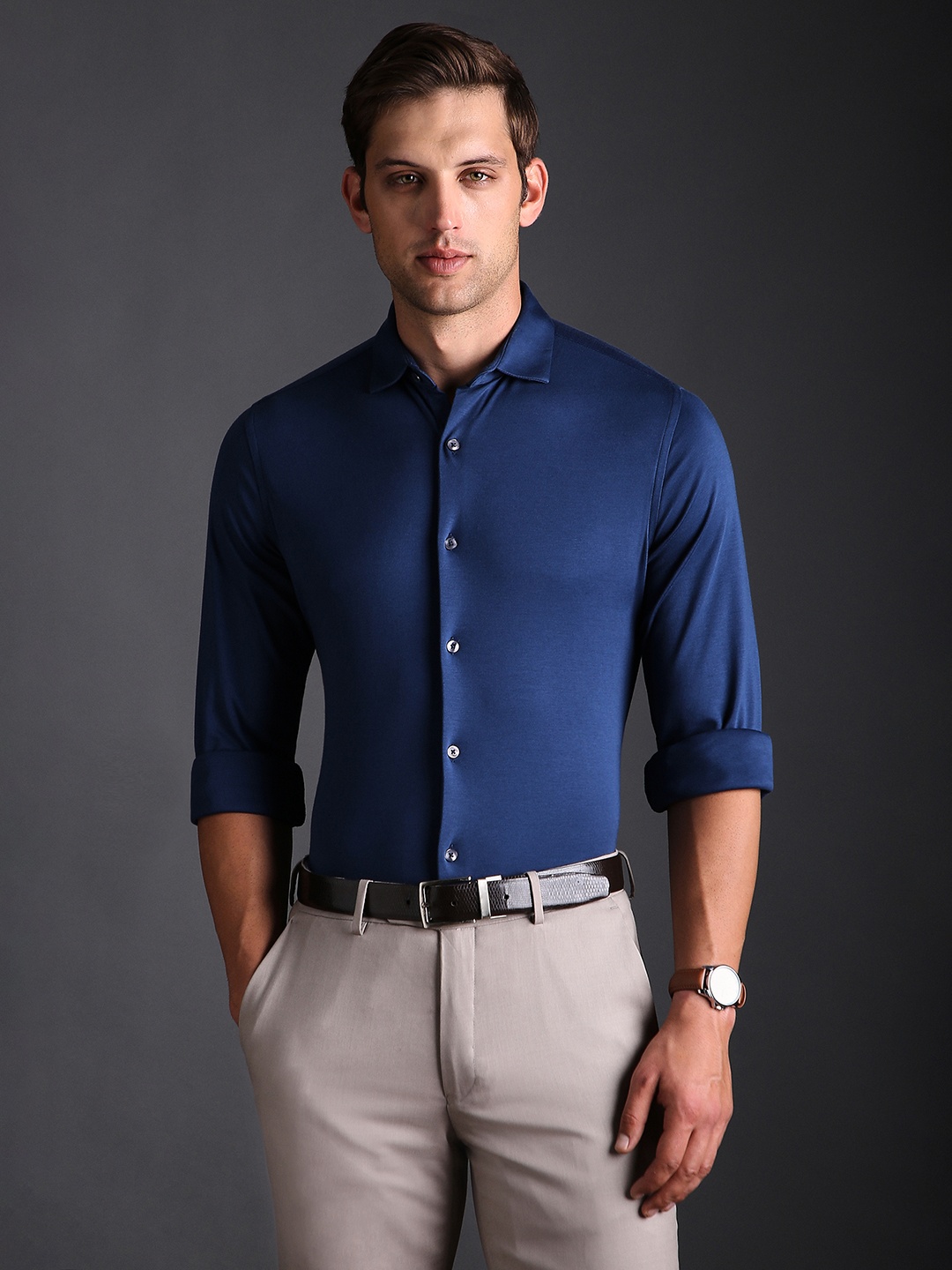 

Bergamo Slim Fit Spread Collar Cotton Knitted Formal Shirt, Blue