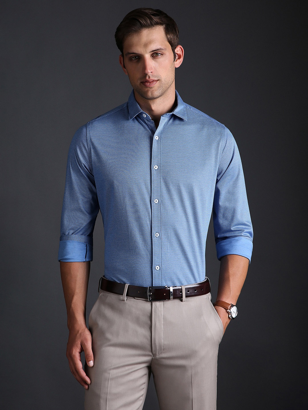 

Bergamo Slim Fit Textured Stripe knitted formal shirt, Blue