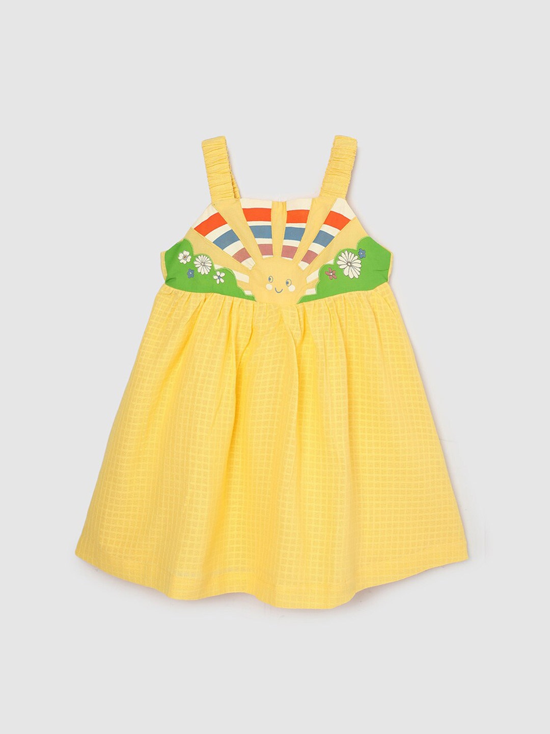 

max Girls Checked Gathered Detailed Pure Cotton Empire Dress, Yellow