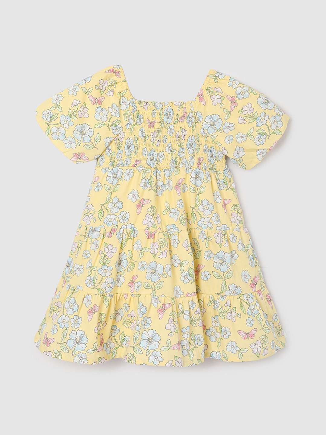 

max Floral Printed Square Neck Puff Sleeves Tiered Detail Pure Cotton A-Line Dress, Yellow