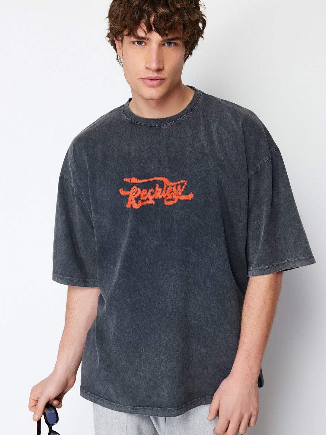 Trendyol Drop-Shoulder Sleeves Pure Cotton Oversized T-shirt, Blue