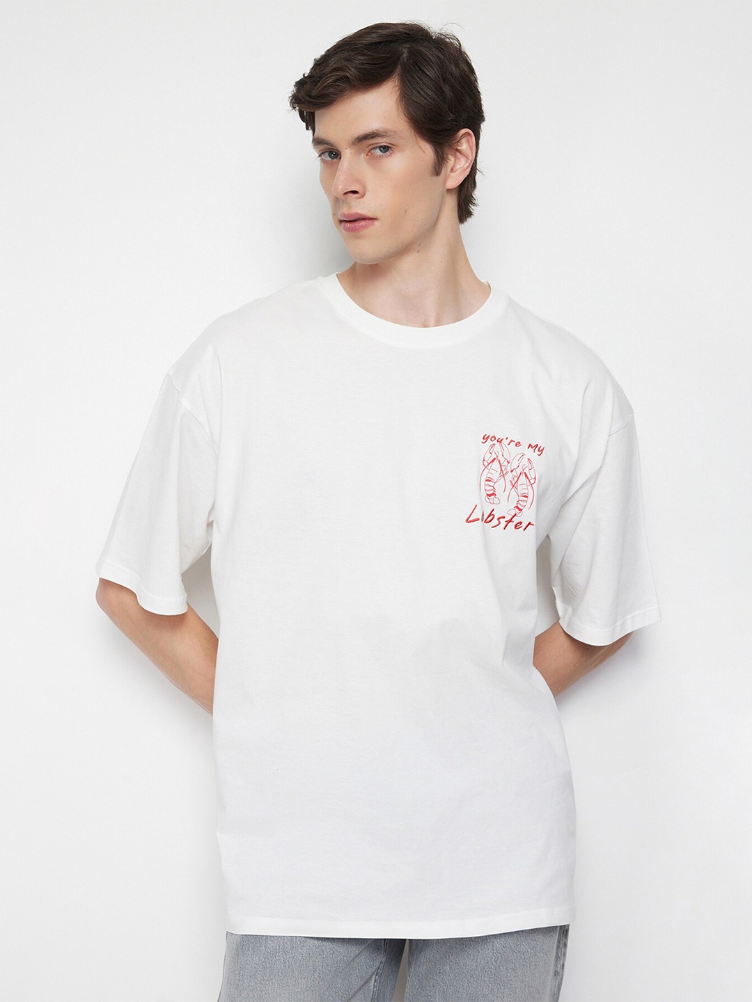 

Trendyol Typography Printed Drop-Shoulder Sleeves Cotton T-shirt, White