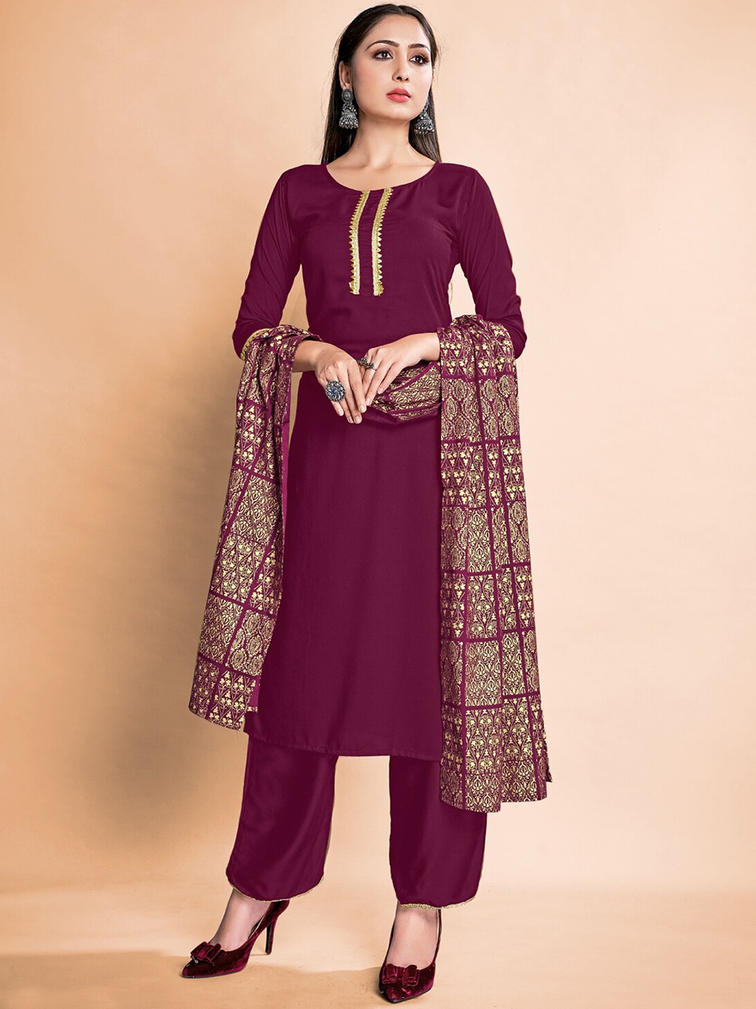 

TIRA Gotta Patti Straight Kurta With Trousers & Dupatta, Purple