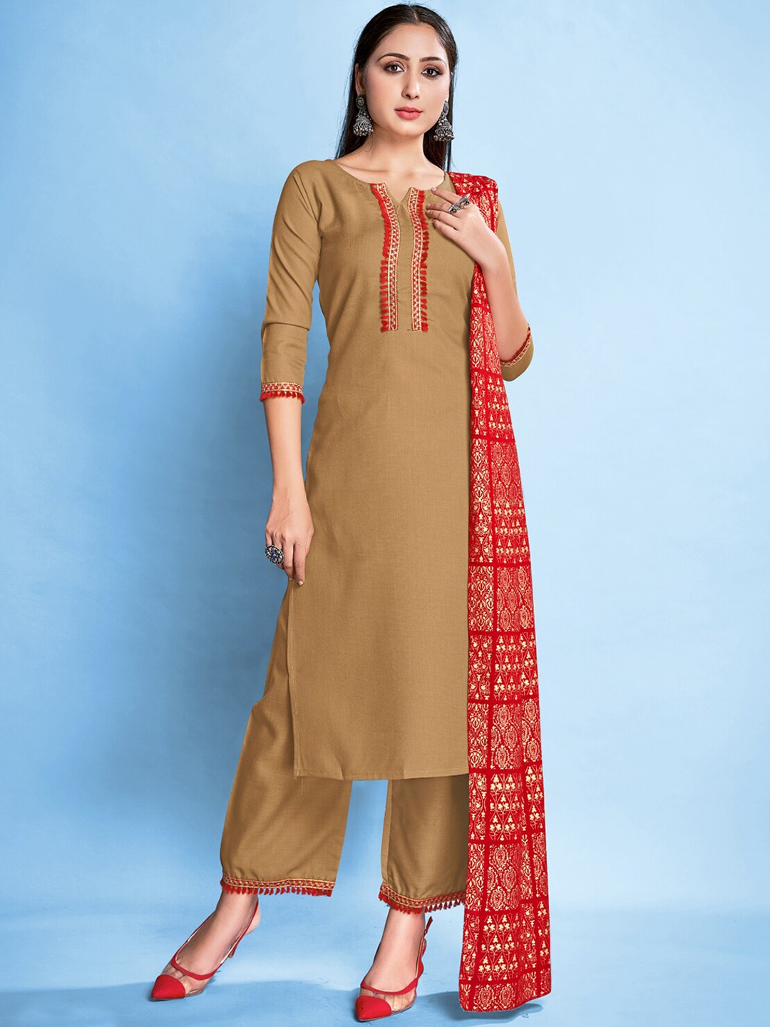 TIRA Floral Yoke Design Thread Work Kurta With Trousers & Dupatta, Beige
