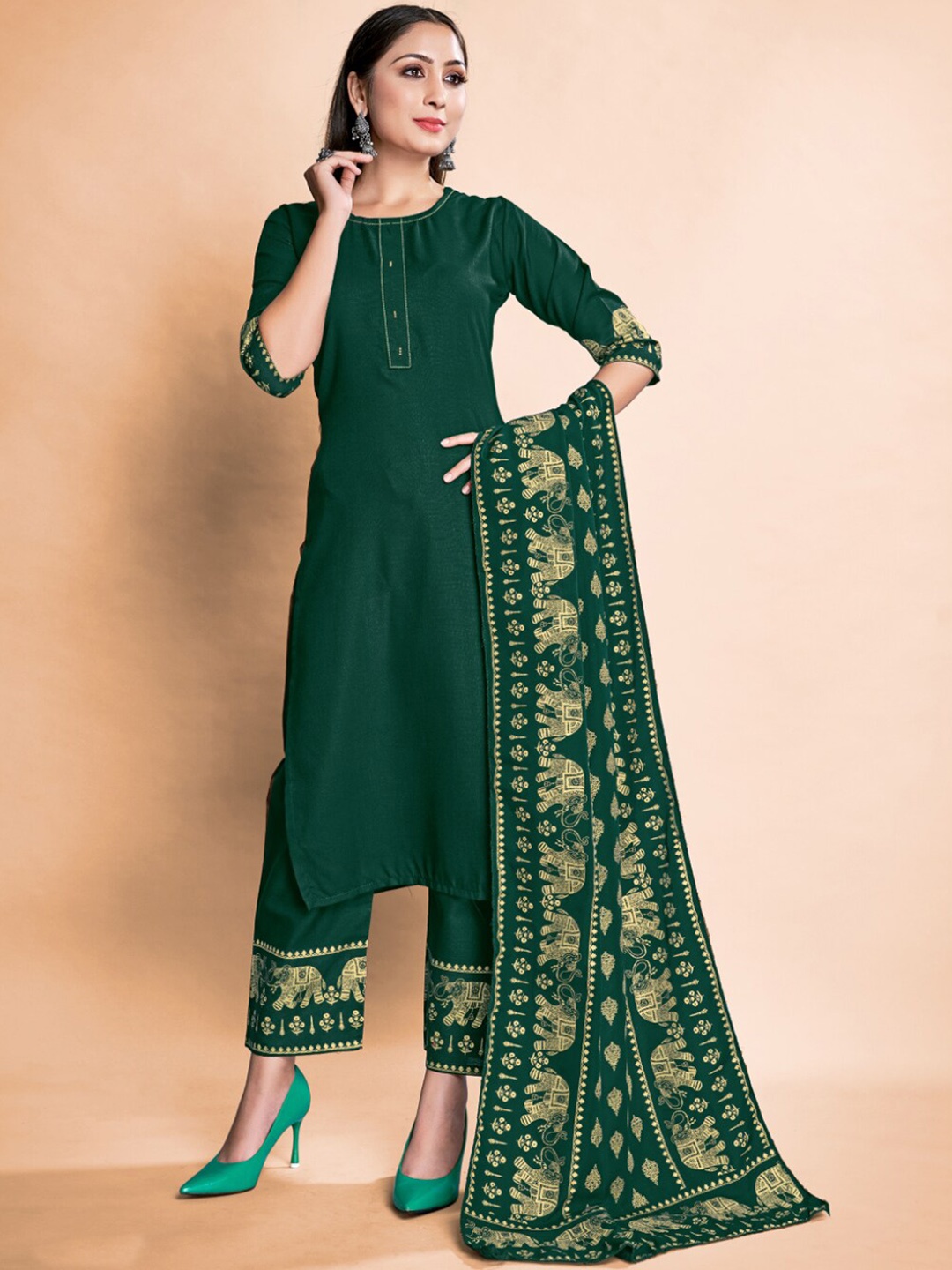 

TIRA Round Neck Straight Kurta With Trousers & Dupatta, Green