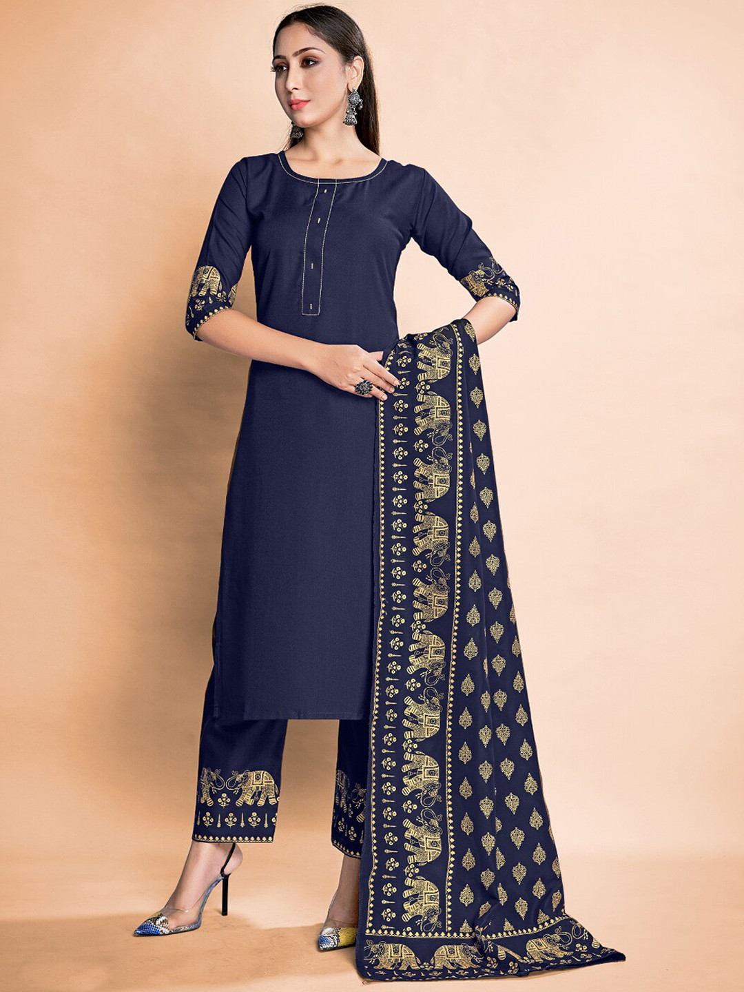 

TIRA Foil Printed Regular Kurta with Trousers & With Dupatta, Navy blue