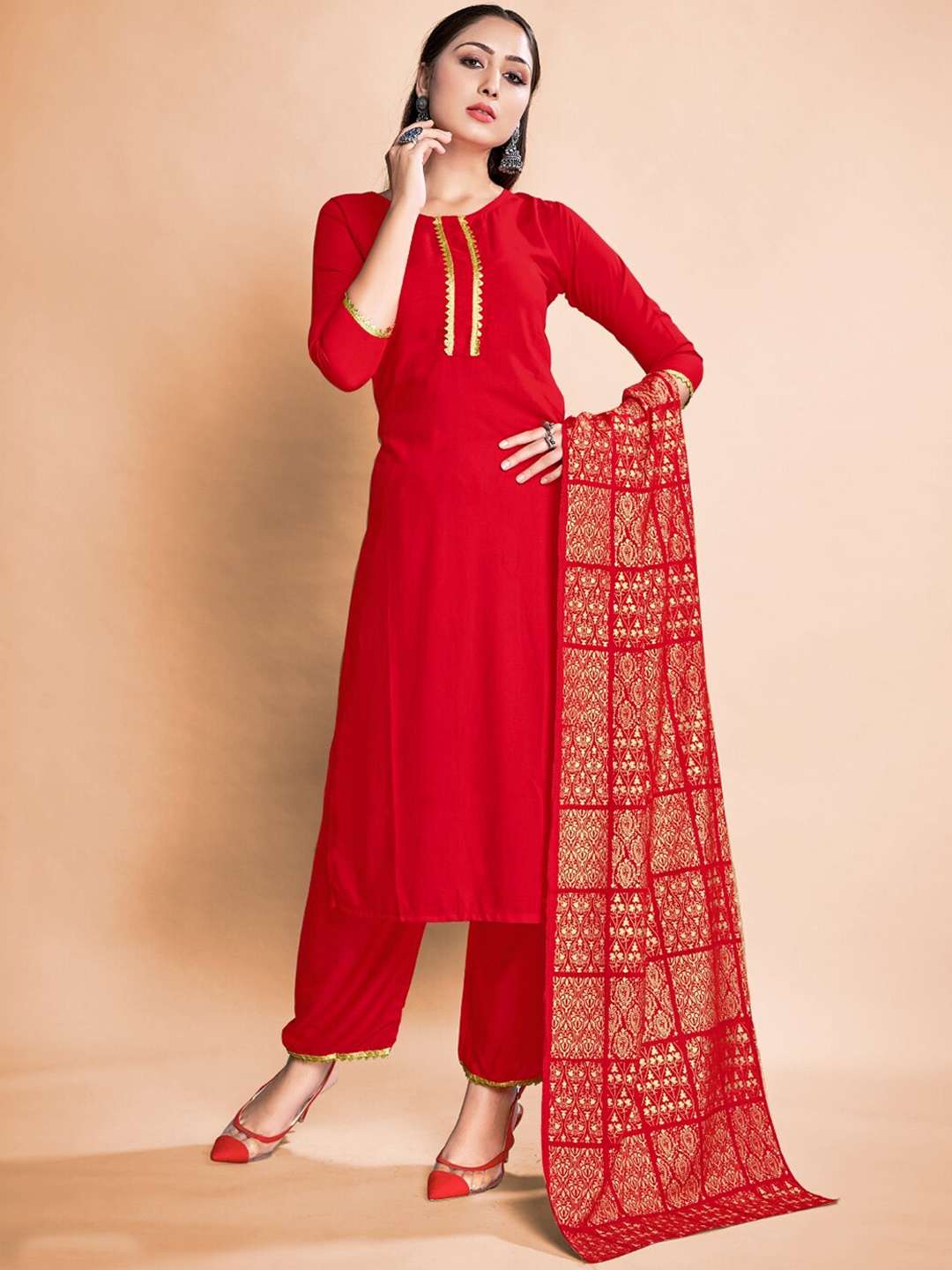 TIRA Round Neck Gotta Patti Straight Kurta With Trousers & Dupatta, Red