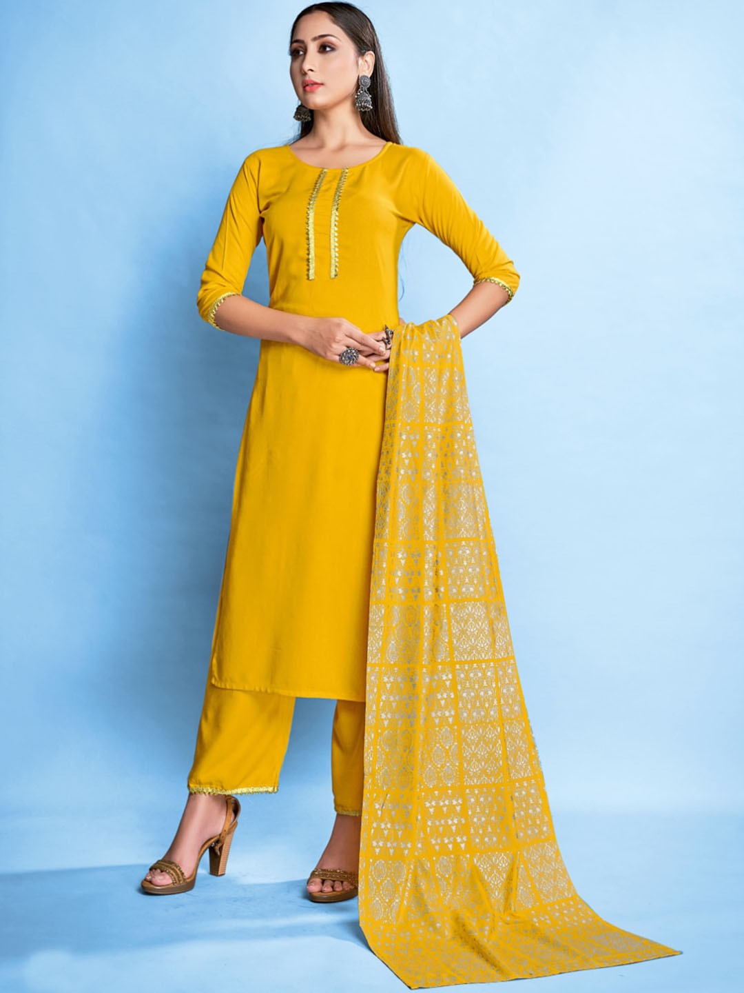 

TIRA Foil Printed Regular Gotta Patti Kurta with Trousers & With Dupatta, Yellow