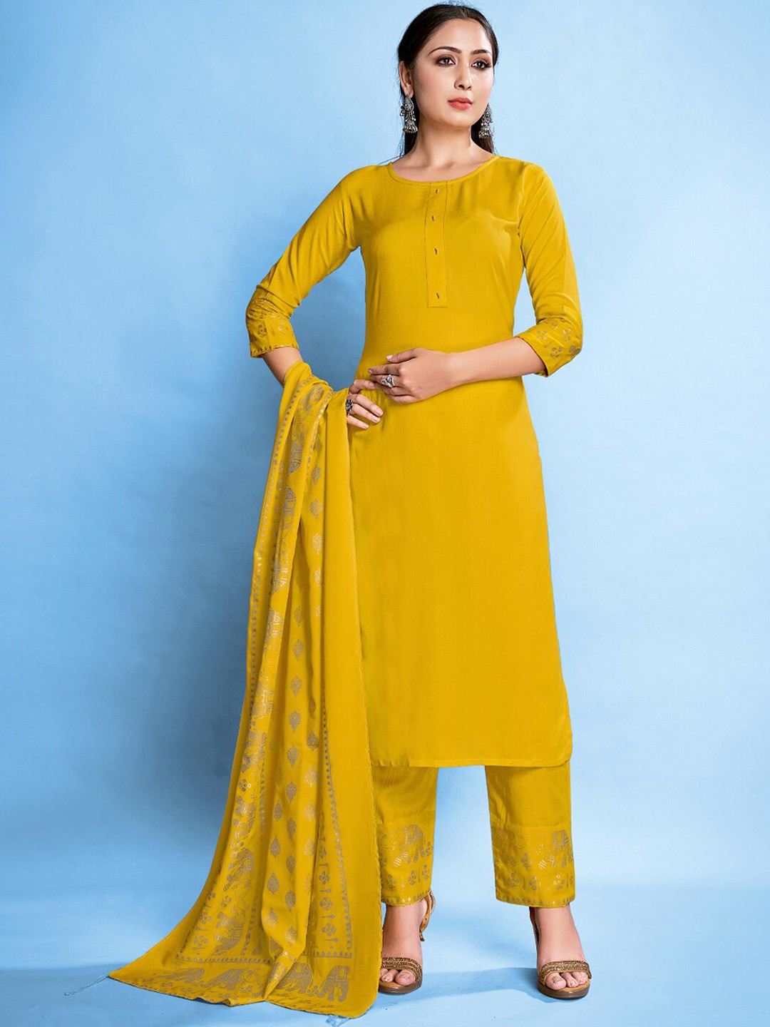 

TIRA Round Neck Straight Kurta With Trousers & Dupatta, Yellow