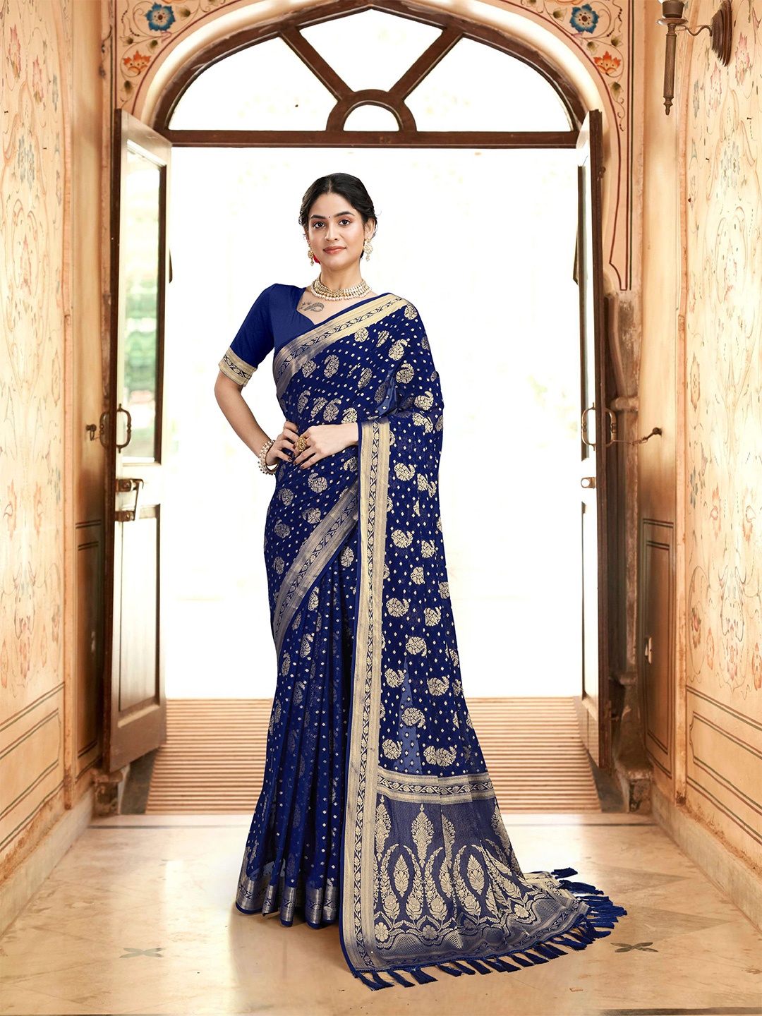 

FLOURIOUS Ethnic Motifs Zari Pure Georgette Banarasi Saree, Blue