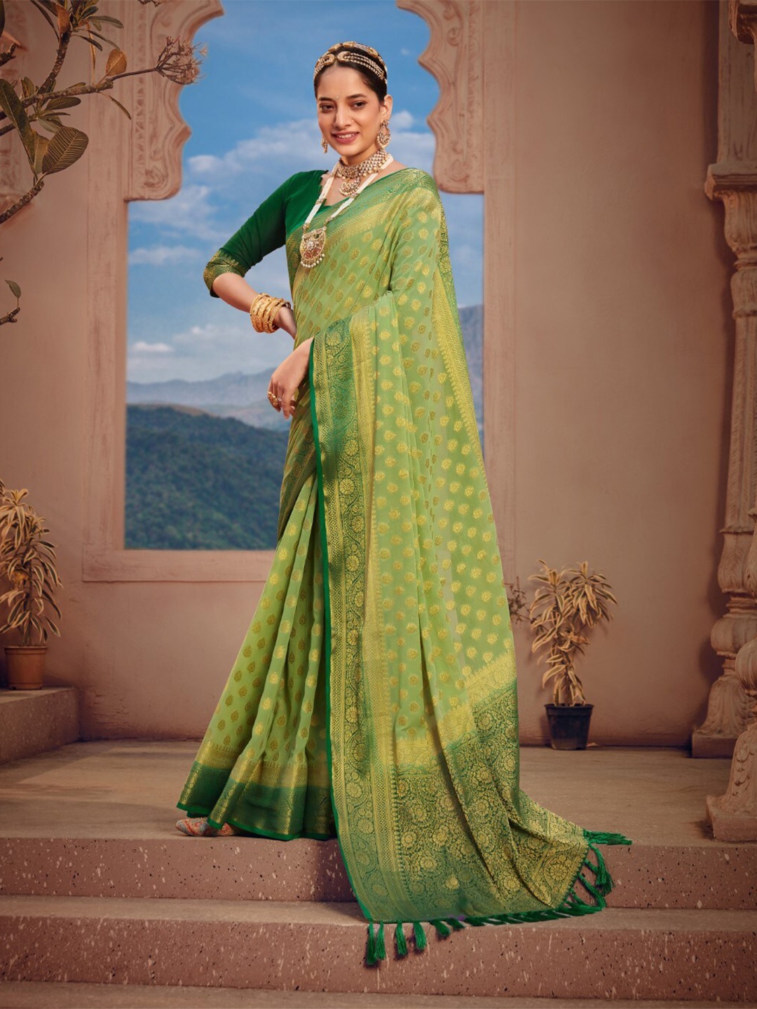 

FLOURIOUS Woven Design Zari Pure Georgette Banarasi Saree, Green