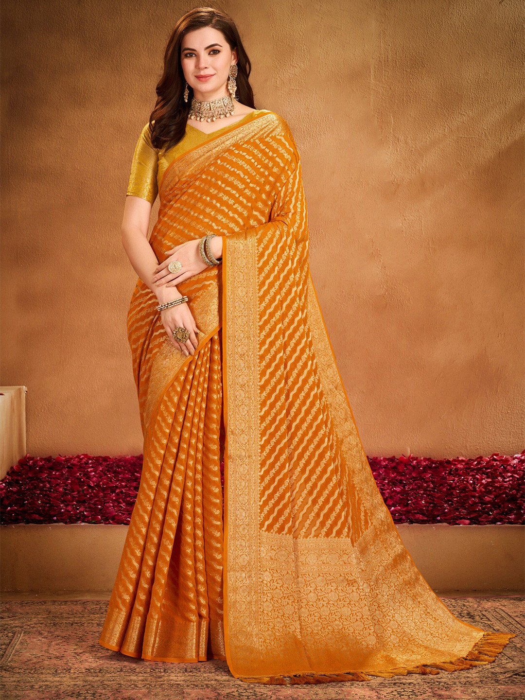 

FLOURIOUS Striped Woven Design Zari Pure Georgette Leheriya Saree, Yellow