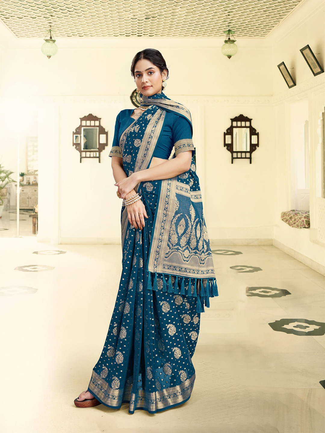 

FLOURIOUS Ethnic Motifs Zari Pure Georgette Banarasi Saree, Navy blue