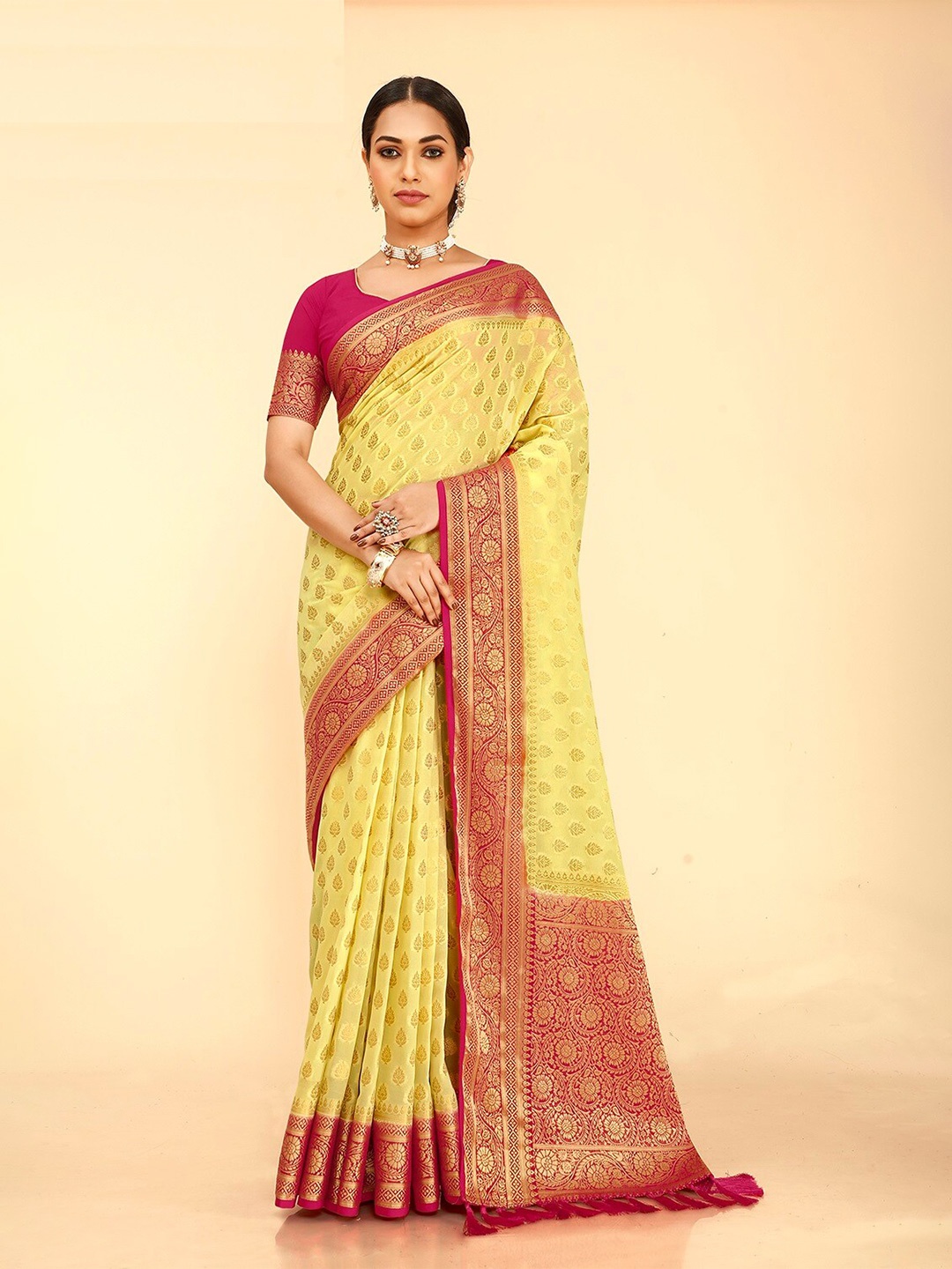 

FLOURIOUS Ethnic Motifs Zari Pure Georgette Banarasi Saree, Yellow