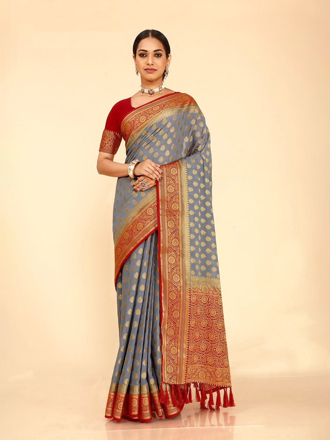 

FLOURIOUS Ethnic Motifs Zari Pure Georgette Banarasi Saree, Grey