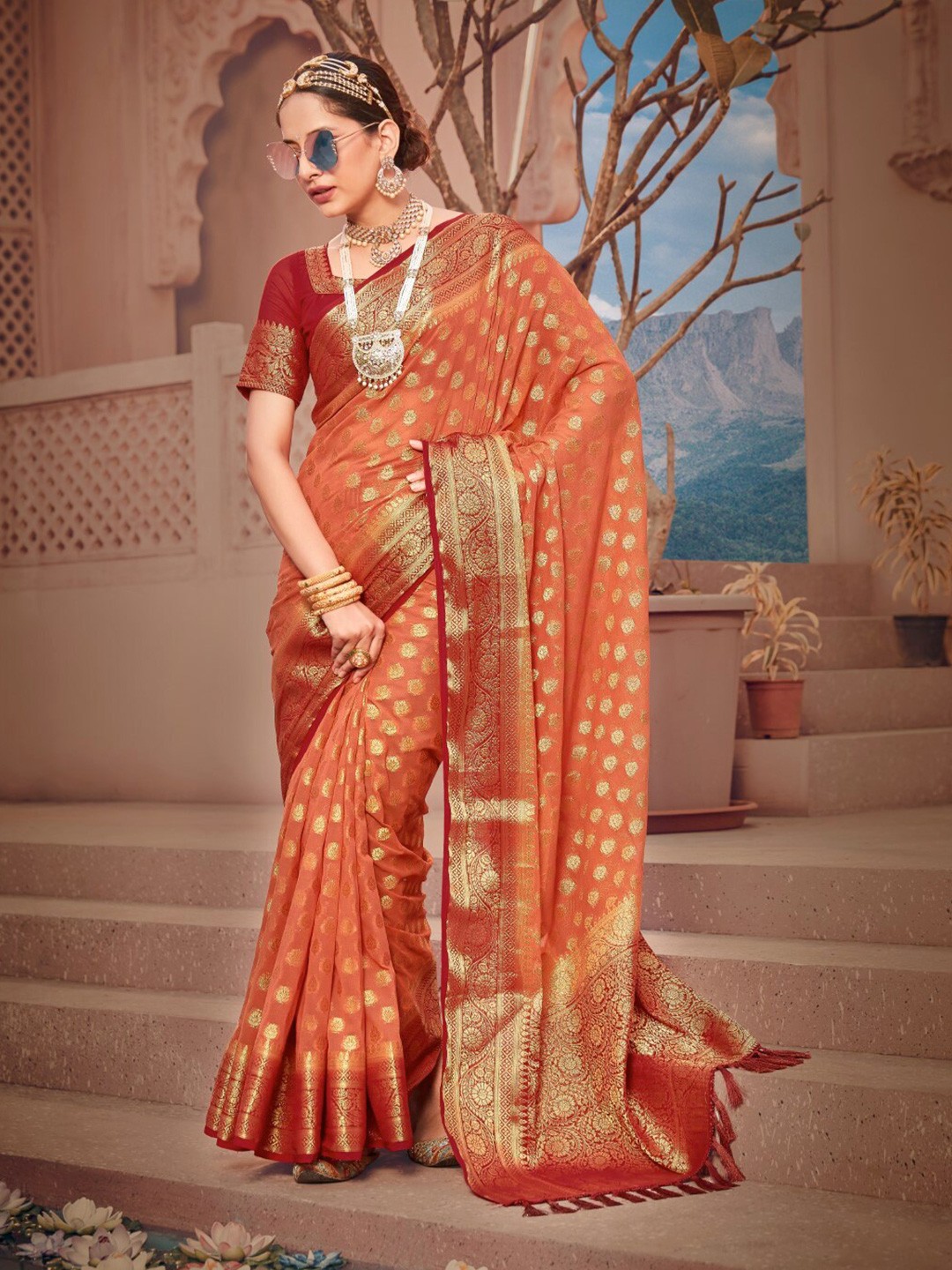 

FLOURIOUS Ethnic Motifs Zari Pure Georgette Banarasi Saree, Maroon
