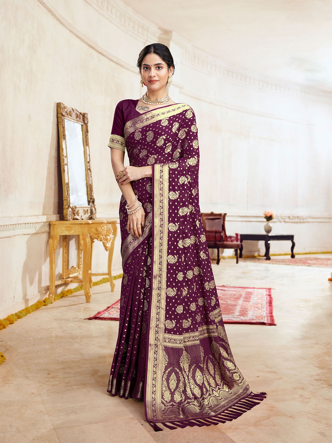 

FLOURIOUS Ethnic Motifs Woven Design Zari Pure Georgette Banarasi Saree, Purple