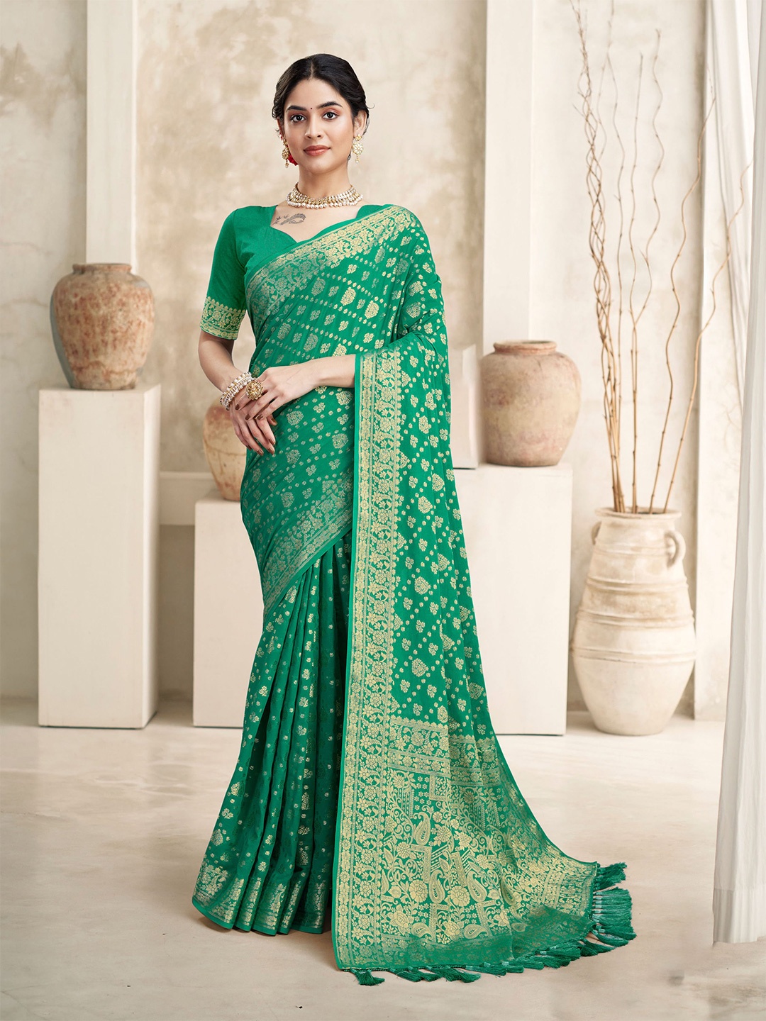 

FLOURIOUS Ethnic Motifs Woven Design Zari Pure Georgette Banarasi Saree, Sea green