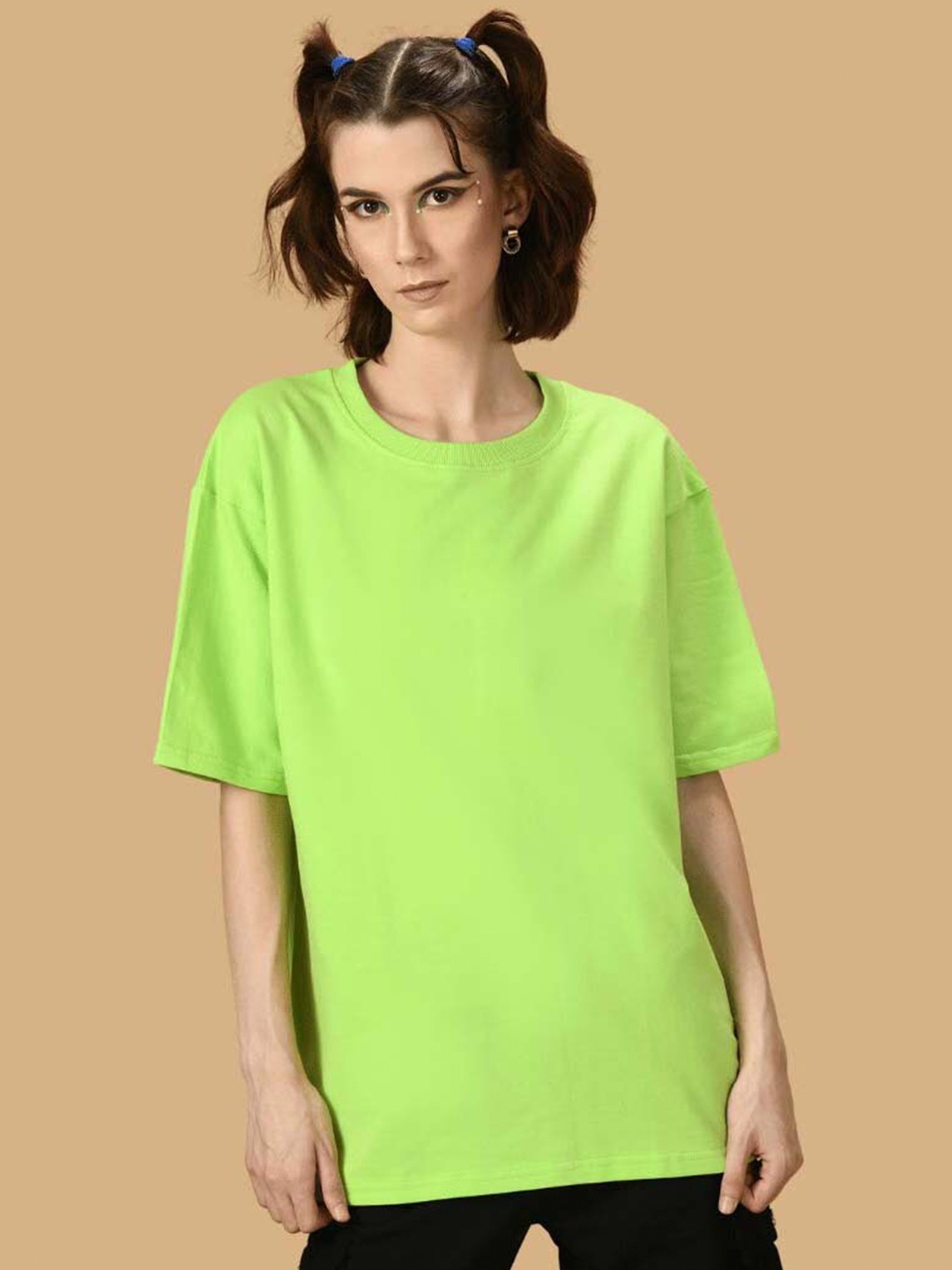 

OFFMINT Drop-Shoulder Sleeves Cotton Longline Oversized T-Shirt, Green