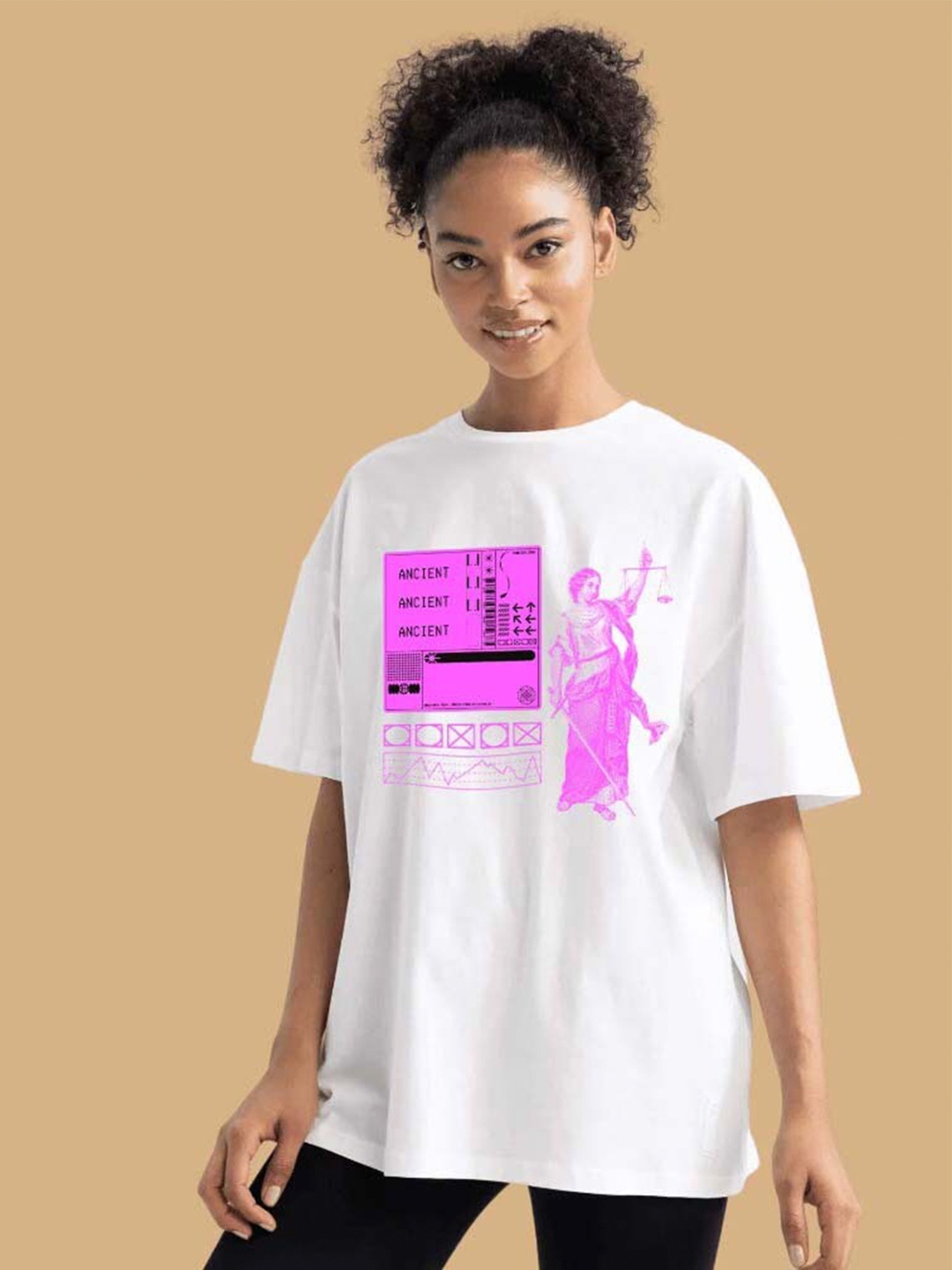 

OFFMINT Graphic Printed Drop-Shoulder Sleeves Cotton Oversized T-shirt, White