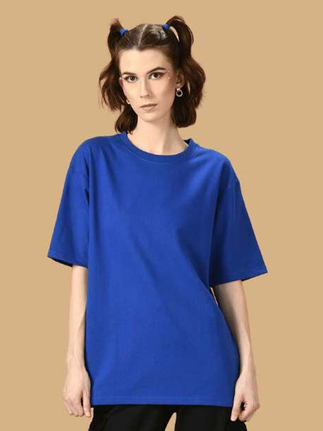 

OFFMINT Drop-Shoulder Sleeves Cotton Longline Oversized T-shirt, Blue