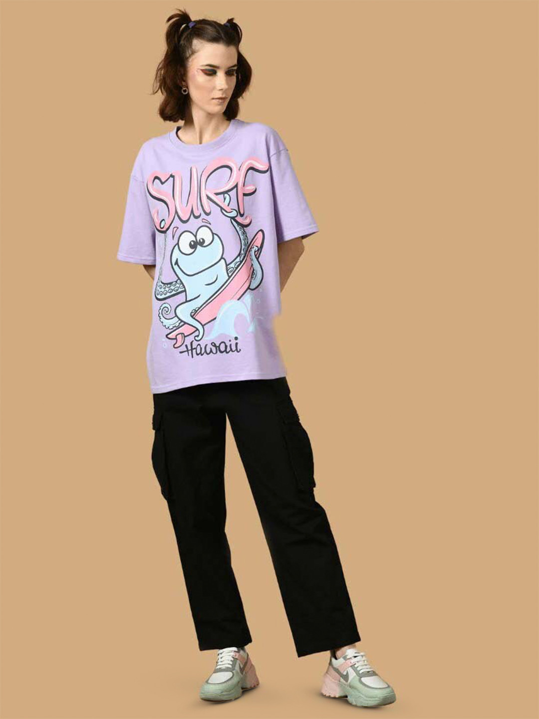 

OFFMINT Graphic Printed Drop-Shoulder Sleeves Cotton Oversized T-shirt, Lavender