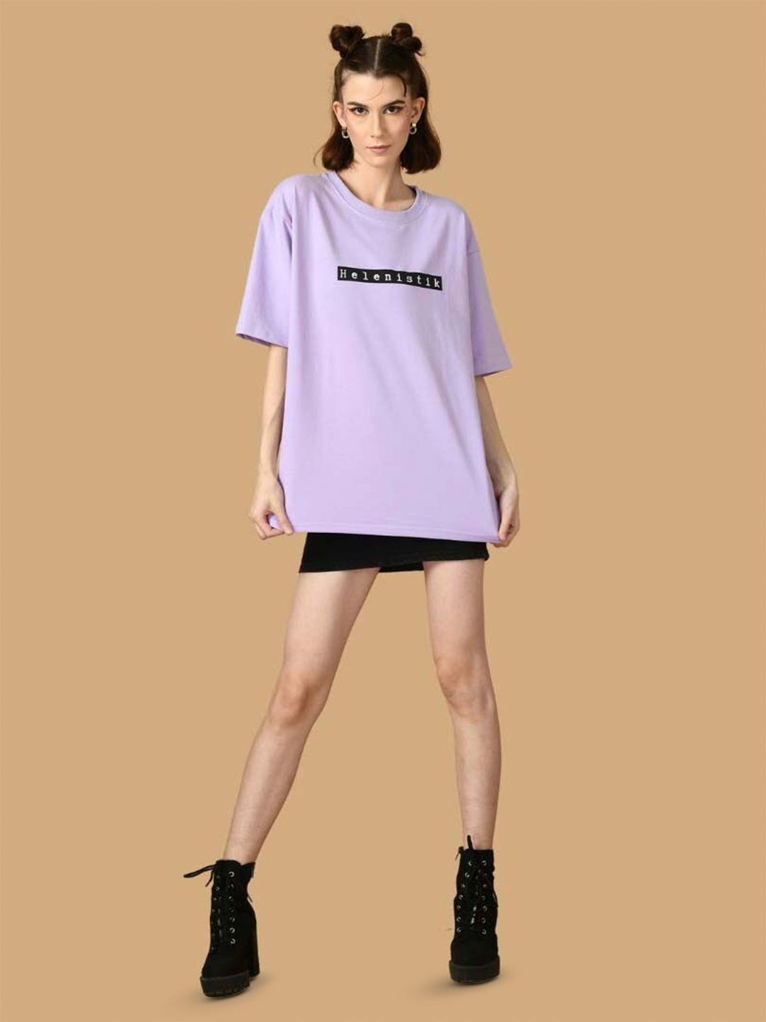 

OFFMINT Graphic Printed Drop-Shoulder Sleeves Longline Cotton Oversized T-shirt, Lavender