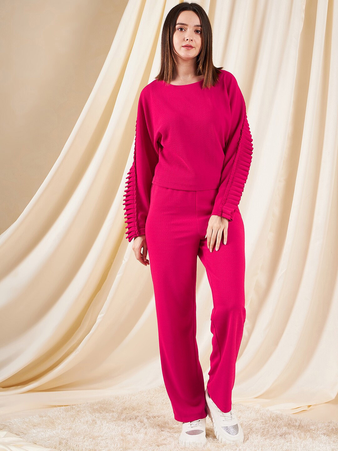 

Kibo Round Neck Pleated Frill Top With Trouser, Fuchsia