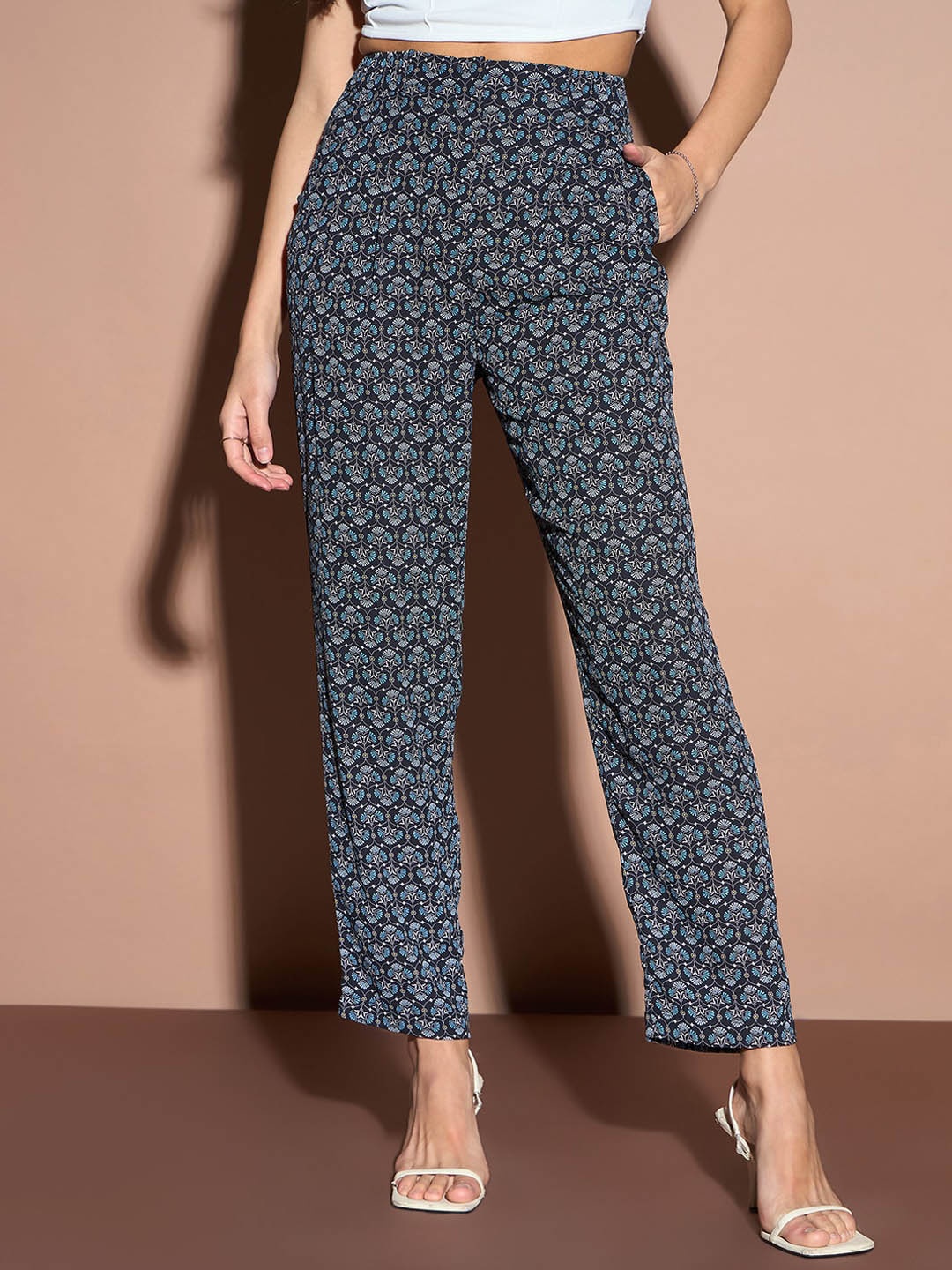 

Kibo Women Ethnic Motifs Printed Straight Fit High-Rise Trousers, Navy blue