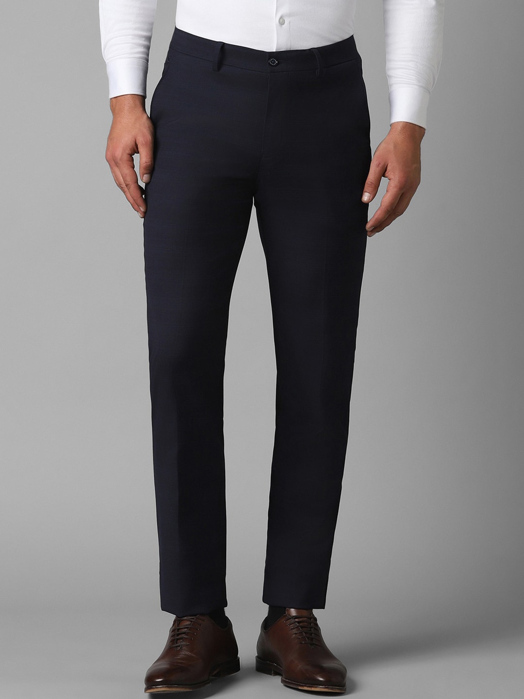

Louis Philippe Men Slim Fit Flat Front Checked Formal Trouser, Navy blue