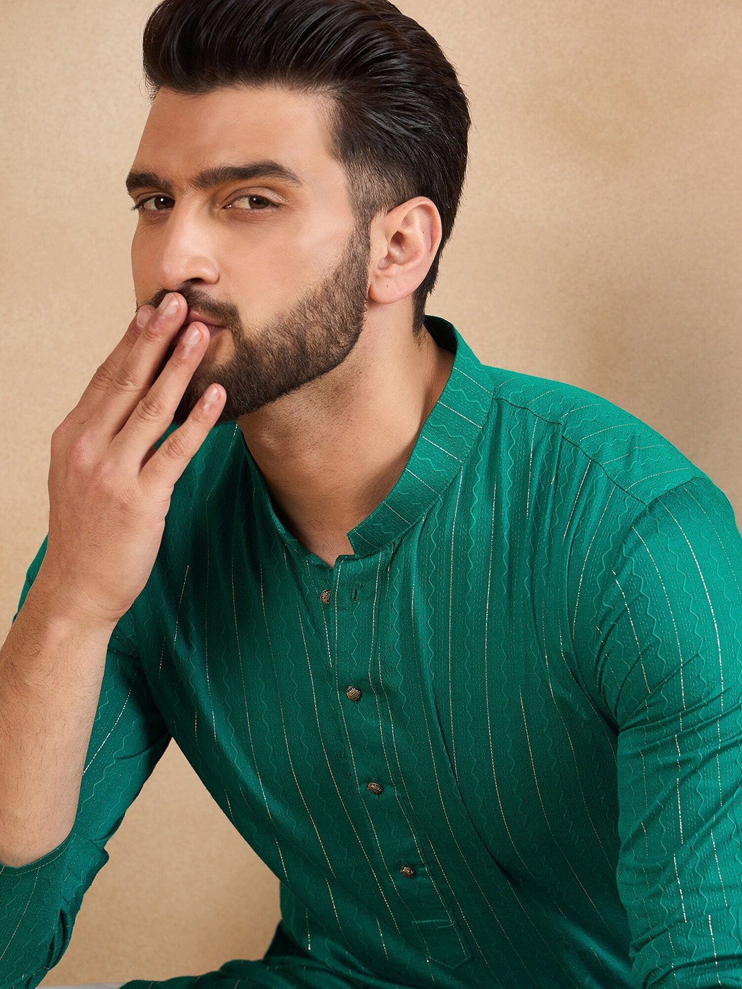 

HERE&NOW Men Thread Work Kurta, Teal