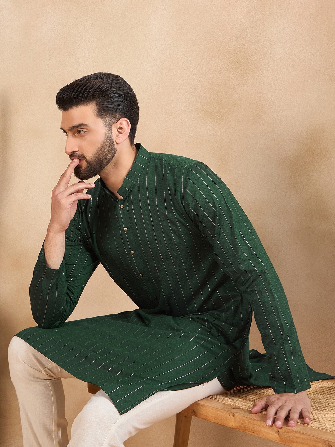 

HERE&NOW Men Thread Work Kurta, Olive