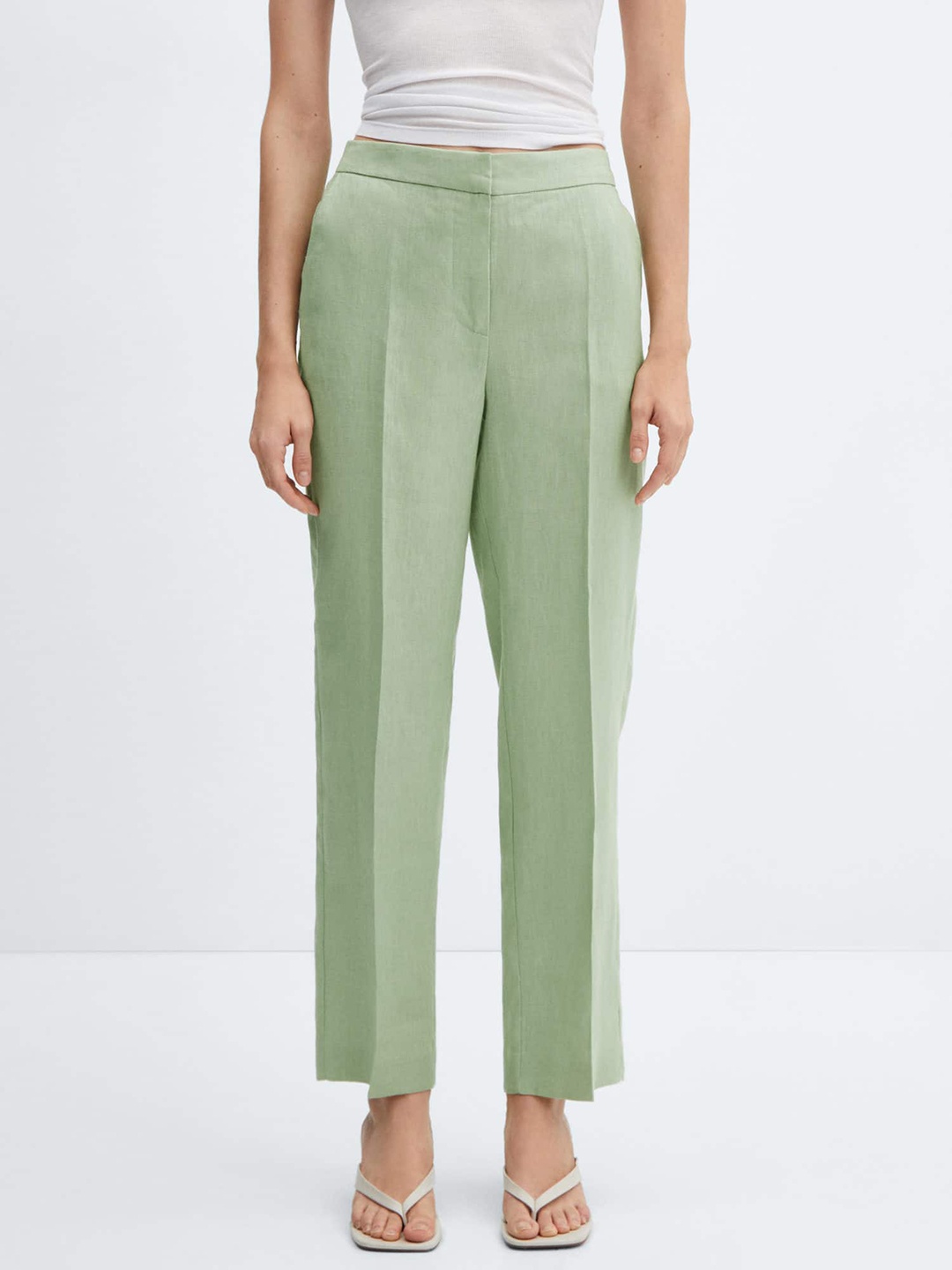 

MANGO Women Linen Straight Fit High-Rise Trousers, Green