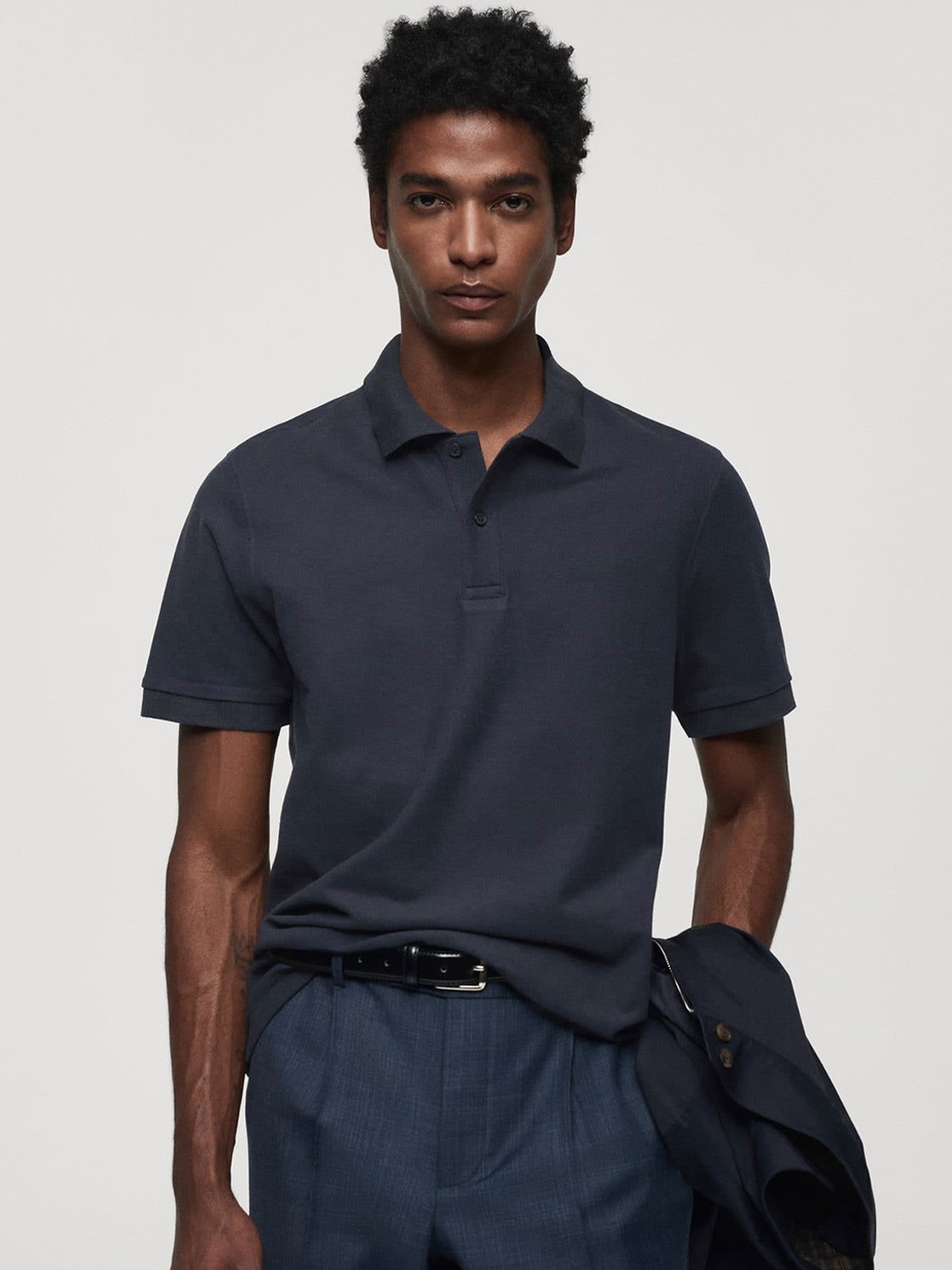 

MANGO MAN Polo Collar Pure Cotton T-shirt, Navy blue