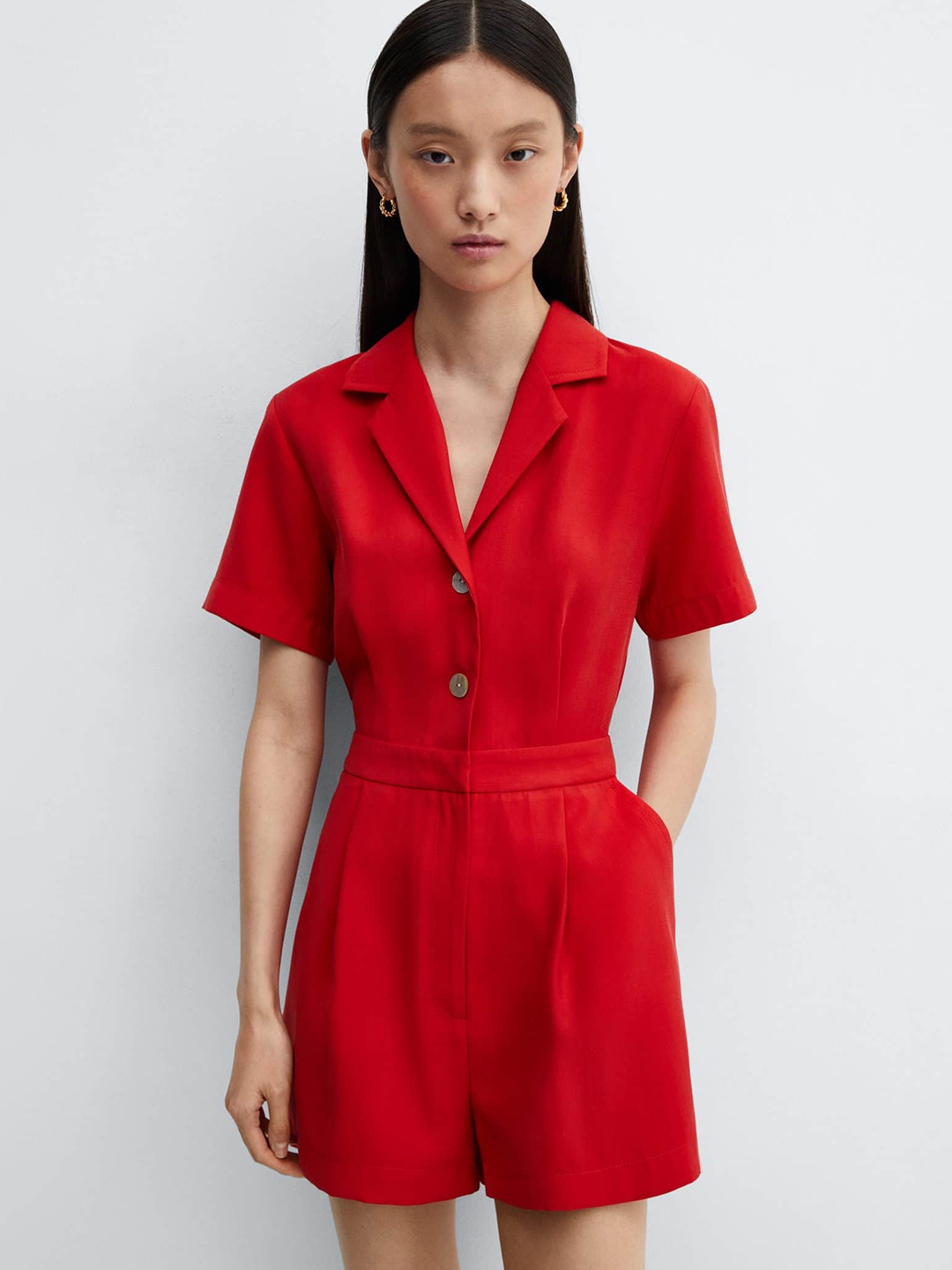 

MANGO Cherry Red Lapel Collar Playsuit