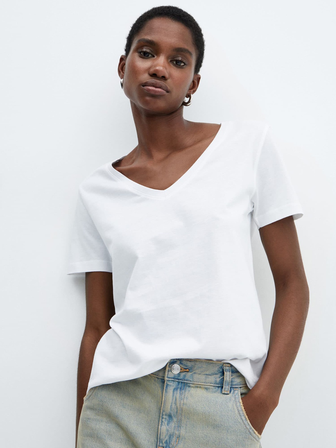 

MANGO V-Neck Pure Cotton T-shirt, White